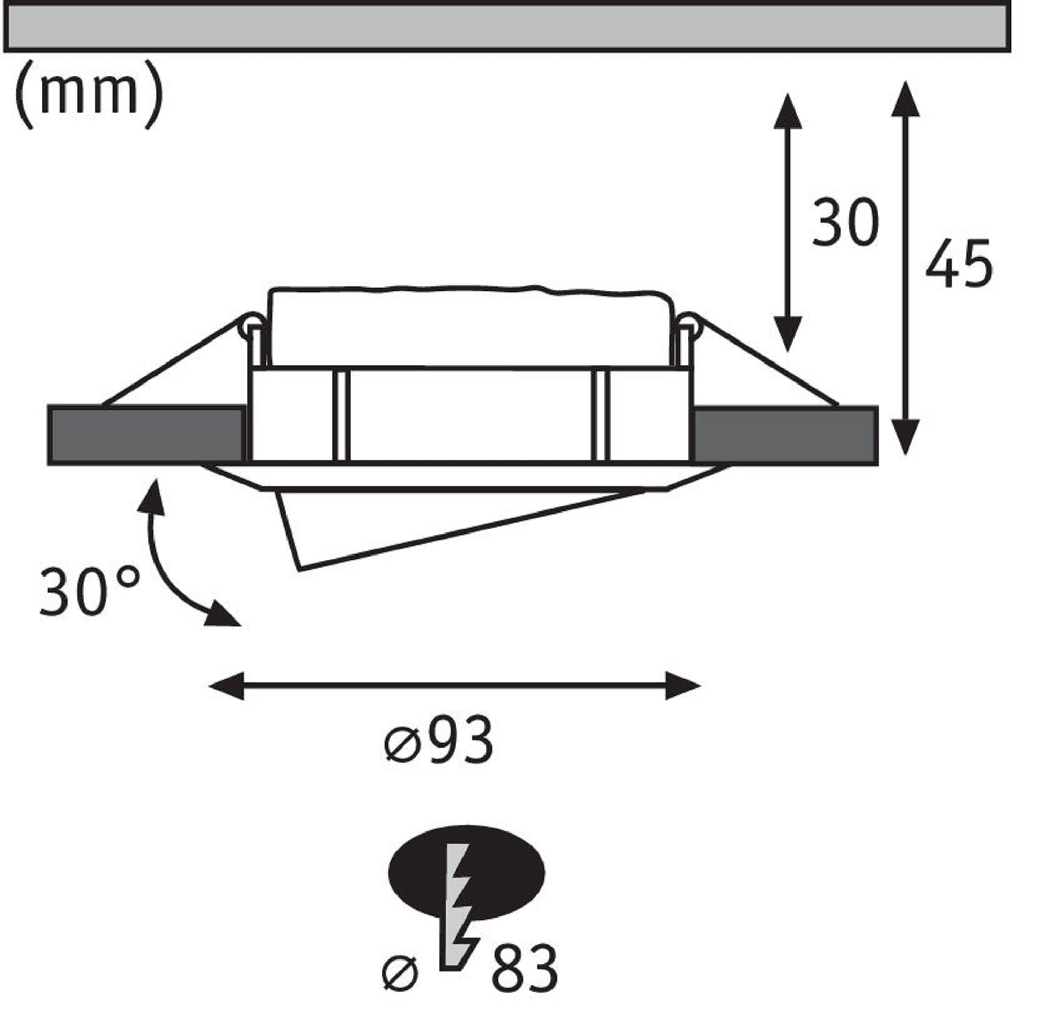 Diagramm eines Einbaustrahlers mit Maßen und Winkeln.