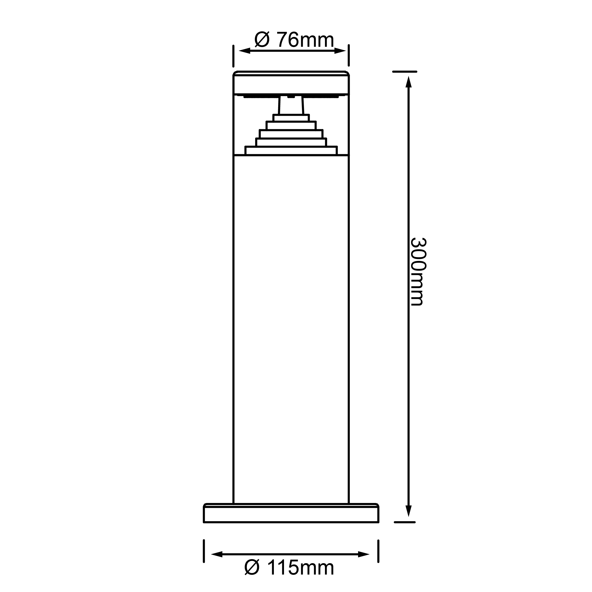 Technische Zeichnung einer Stehleuchte mit Maßen. Höhe 300mm, Durchmesser 76mm oben, 115mm unten.