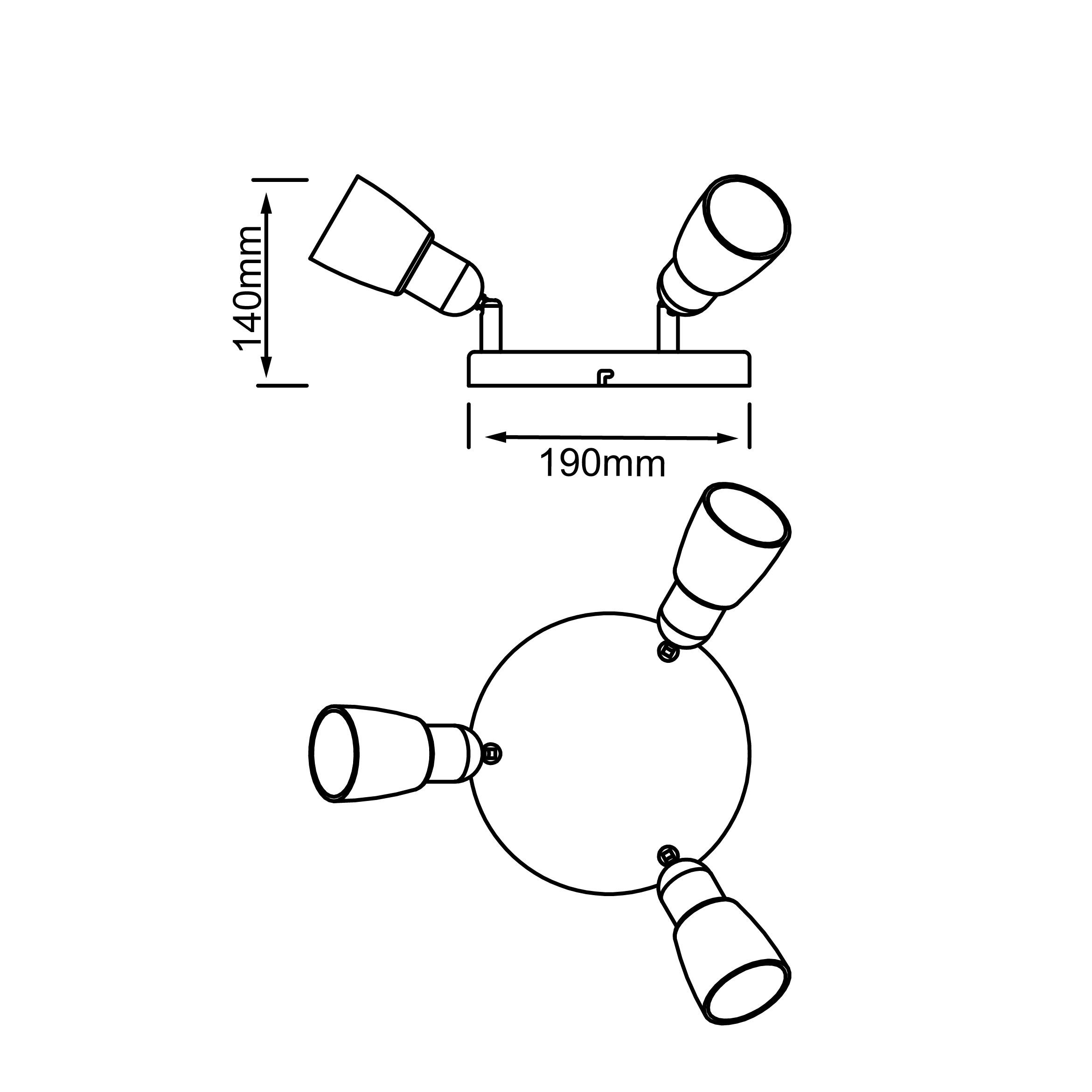 Technische Zeichnung einer Deckenleuchte mit drei Spots, 140mm hoch, 190mm breit.