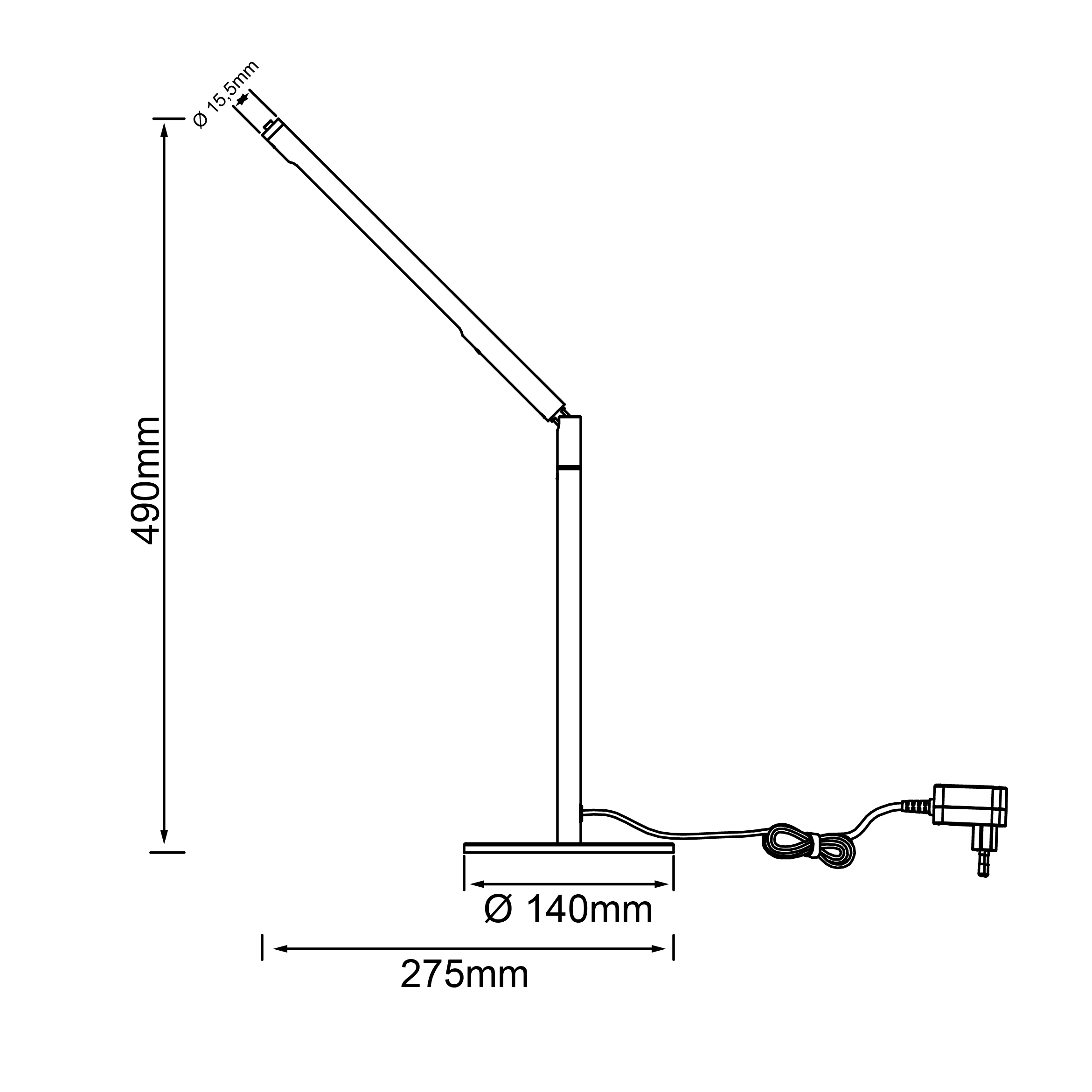 Technische Zeichnung einer Lampe. Sie zeigt Maße: 490 mm Höhe, 140 mm Basisdurchmesser und 275 mm Basisbreite.