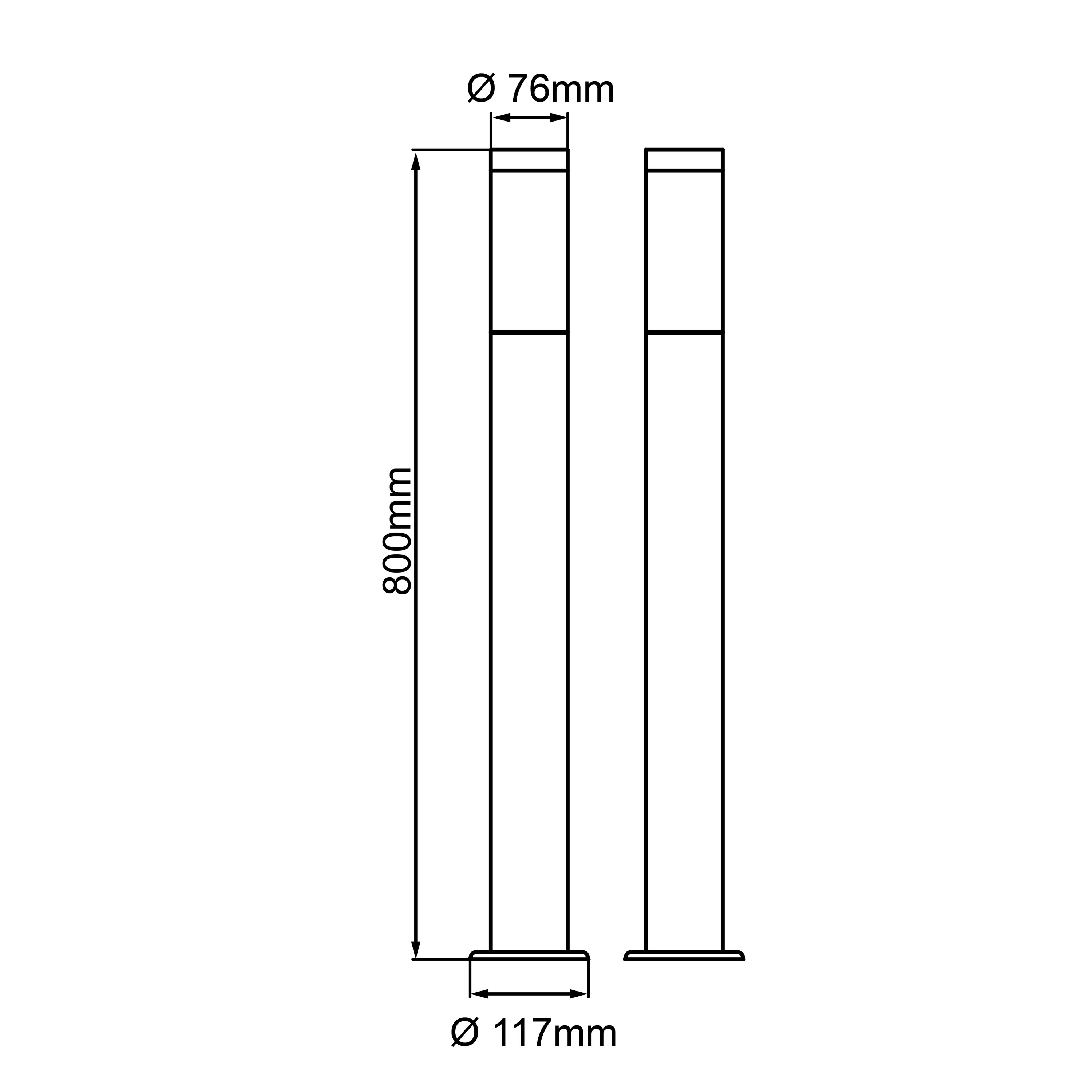 Technische Zeichnung zweier Leuchten, 800mm hoch, 76mm und 117mm Durchmesser.