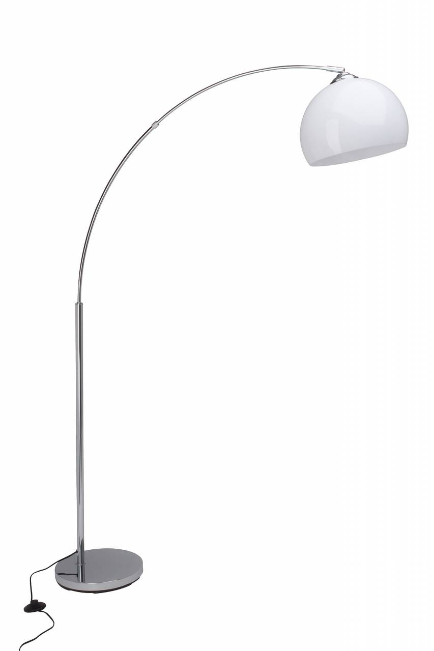 Lampada da terra ad arco argentata con paralume bianco, isolata.