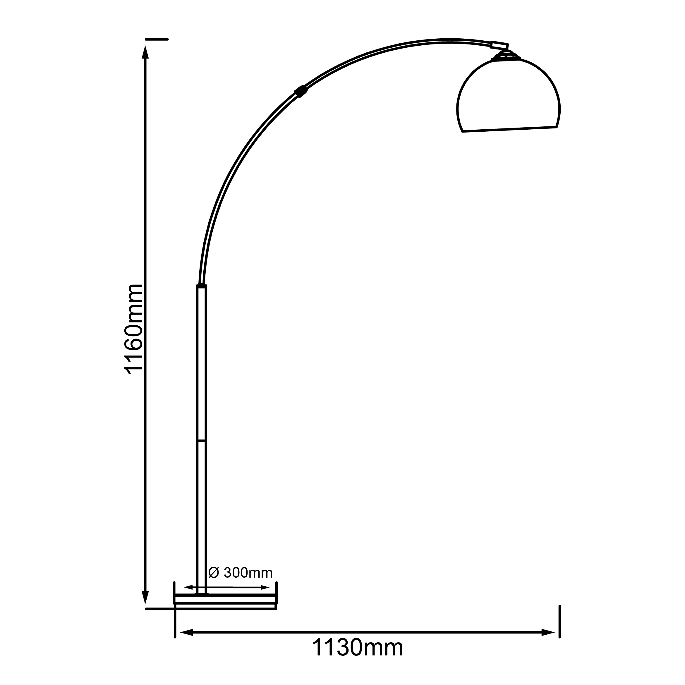 Disegno tecnico di una lampada ad arco con dimensioni, che mostra base, palo e braccio curvo con paralume.
