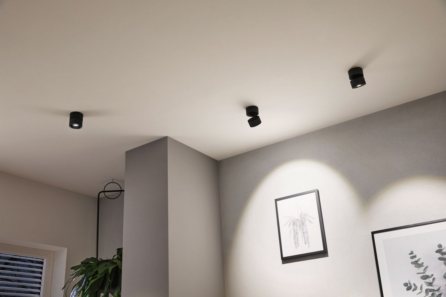 Tre faretti neri su un soffitto bianco. Un quadro incorniciato sulla parete.