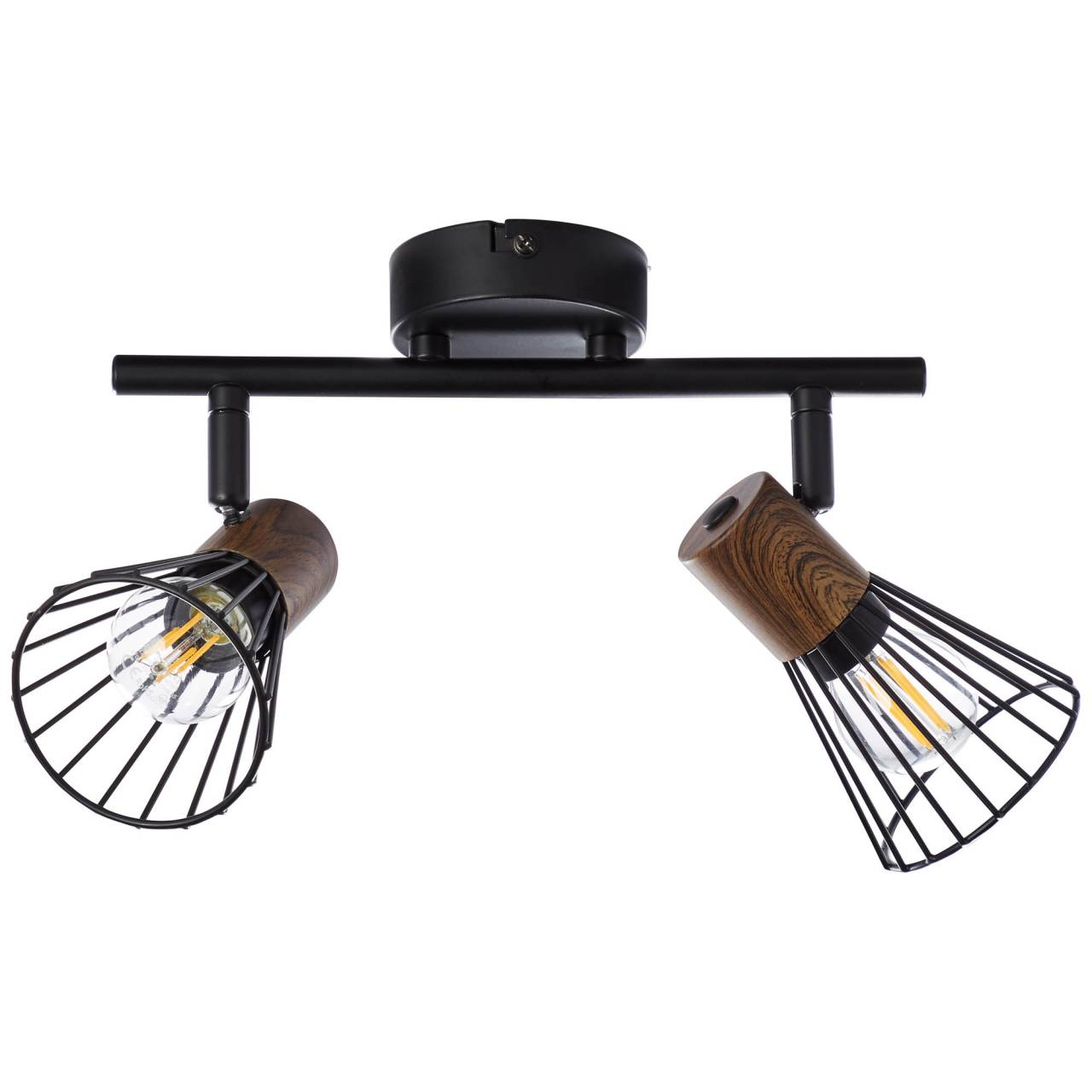Deckenleuchte mit zwei verstellbaren Spots, Holzoptik und schwarzem Drahtkäfig.