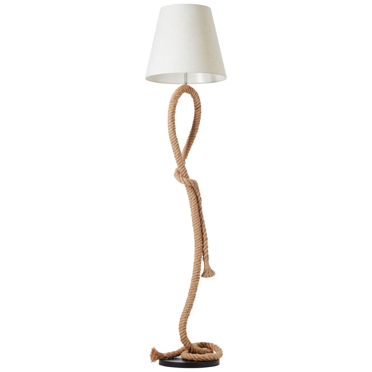 Stehlampe mit weißem Lampenschirm, Seil und schwarzem Sockel.
