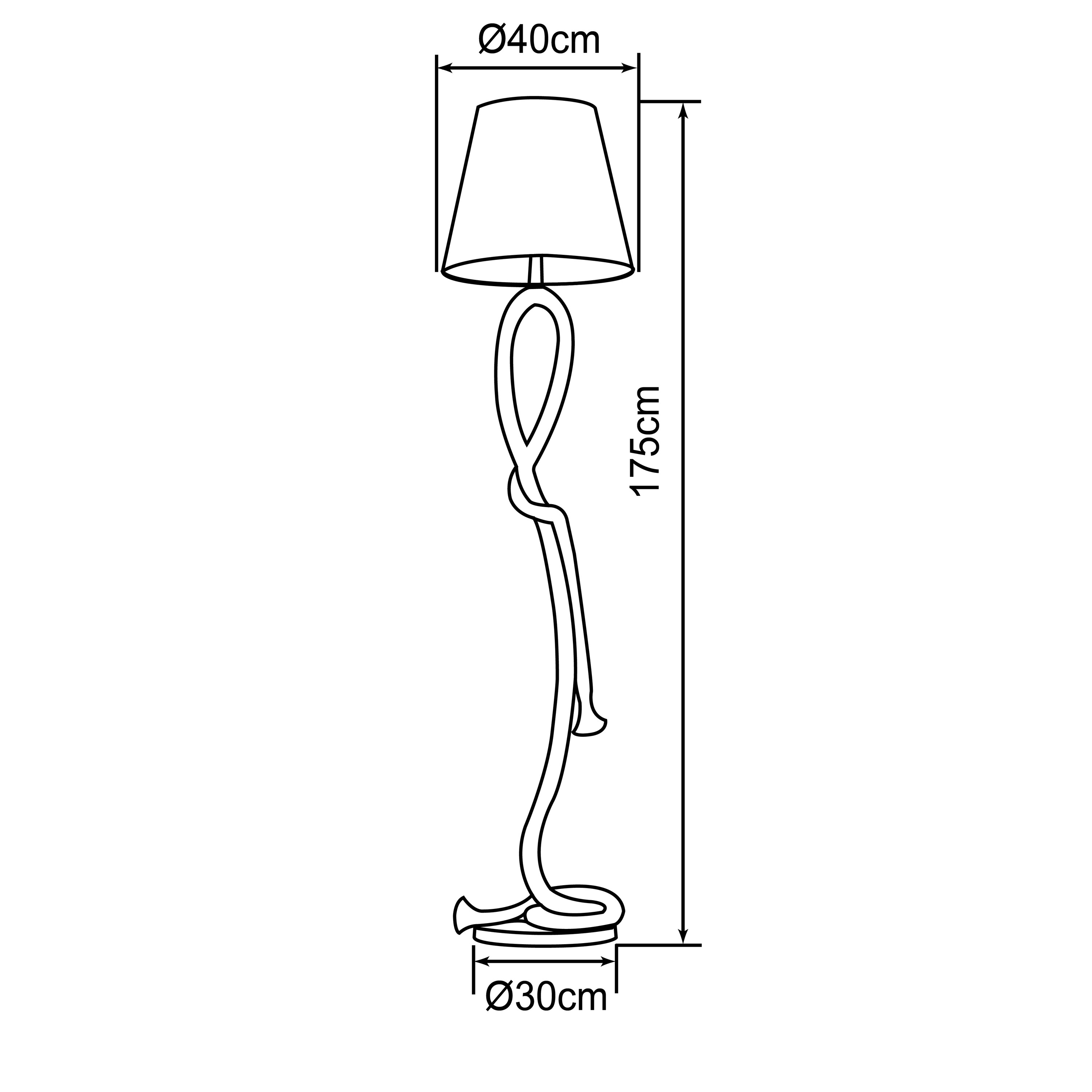 Eine Skizze einer Stehlampe mit Maßen: 40cm Lampenschirm, 175cm Höhe, 30cm Fuß.