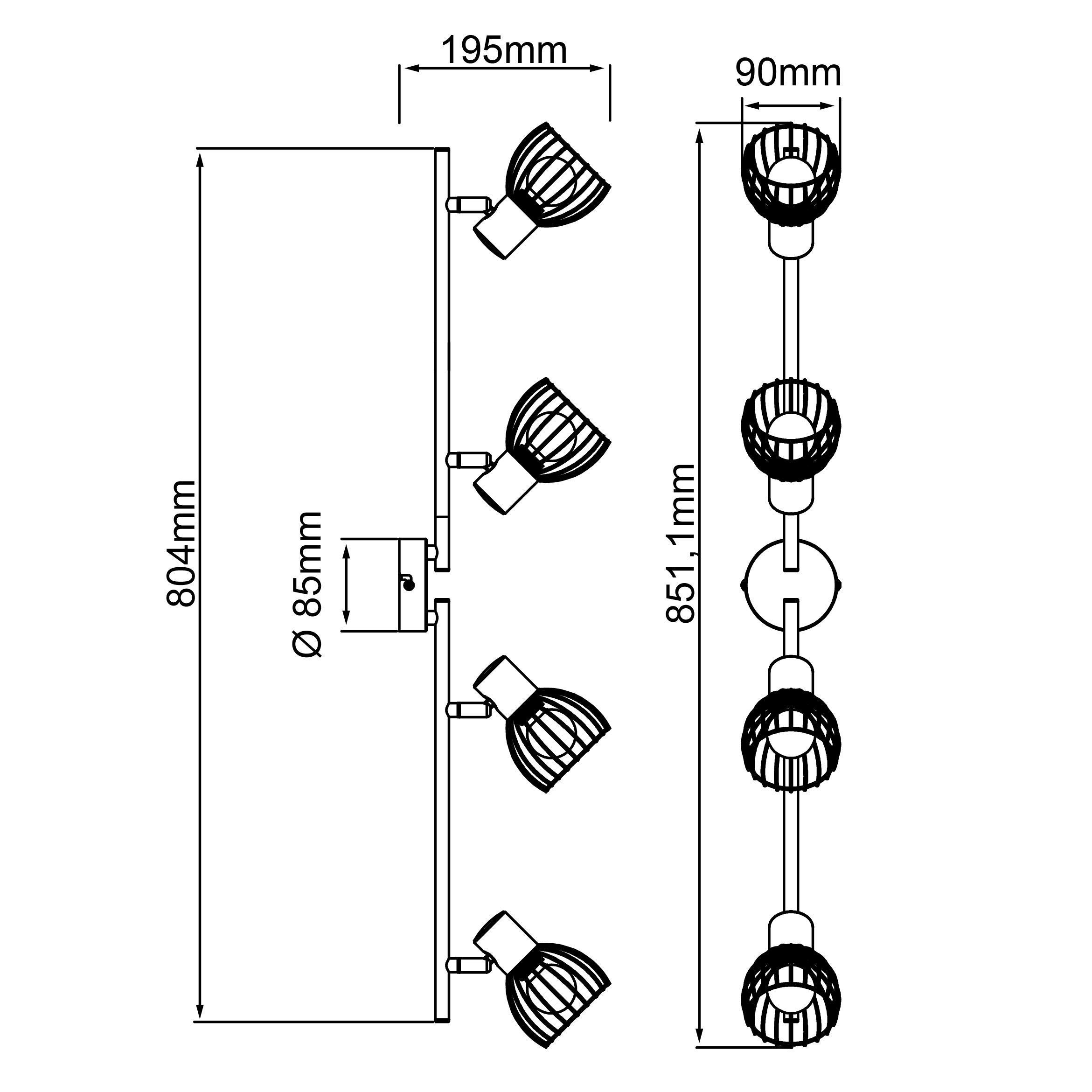 Technische Zeichnung einer Lampe mit vier Spots und Maßen.
