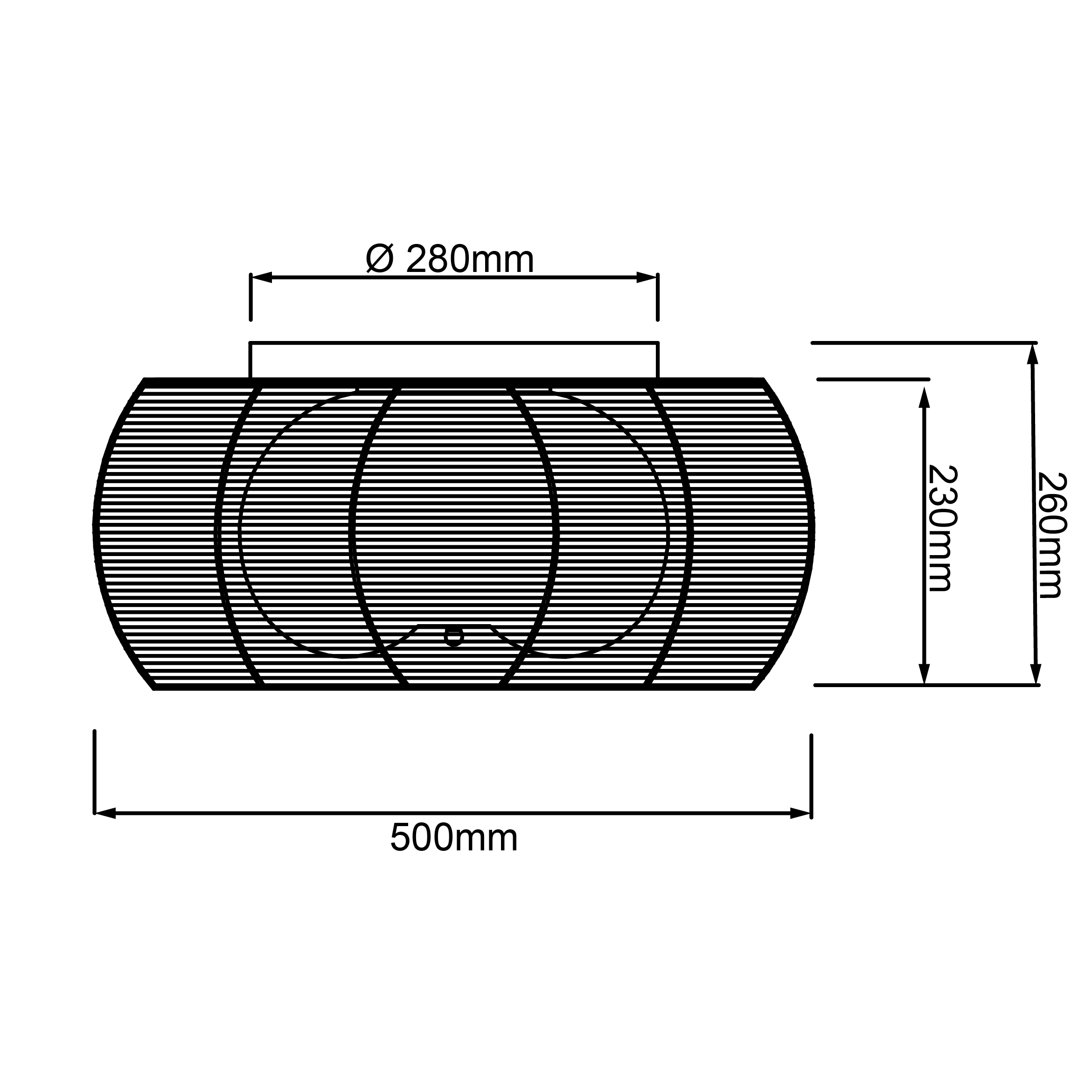 Technische Zeichnung einer Lampe mit Maßen: L 500mm, Ø 280mm, H 230mm/260mm.