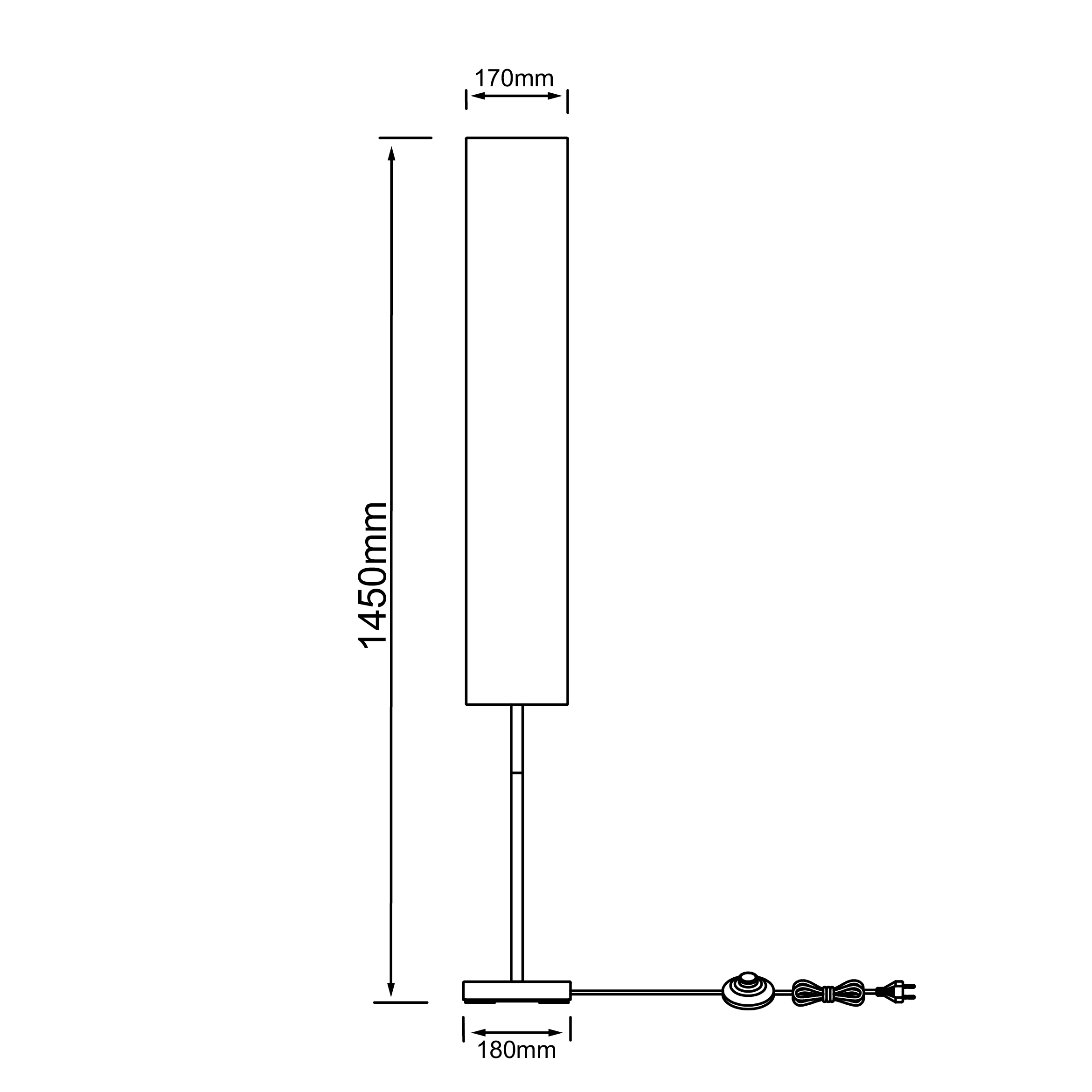 Technische Zeichnung einer Stehlampe, 1450mm hoch, 170mm breit, 180mm Basis.