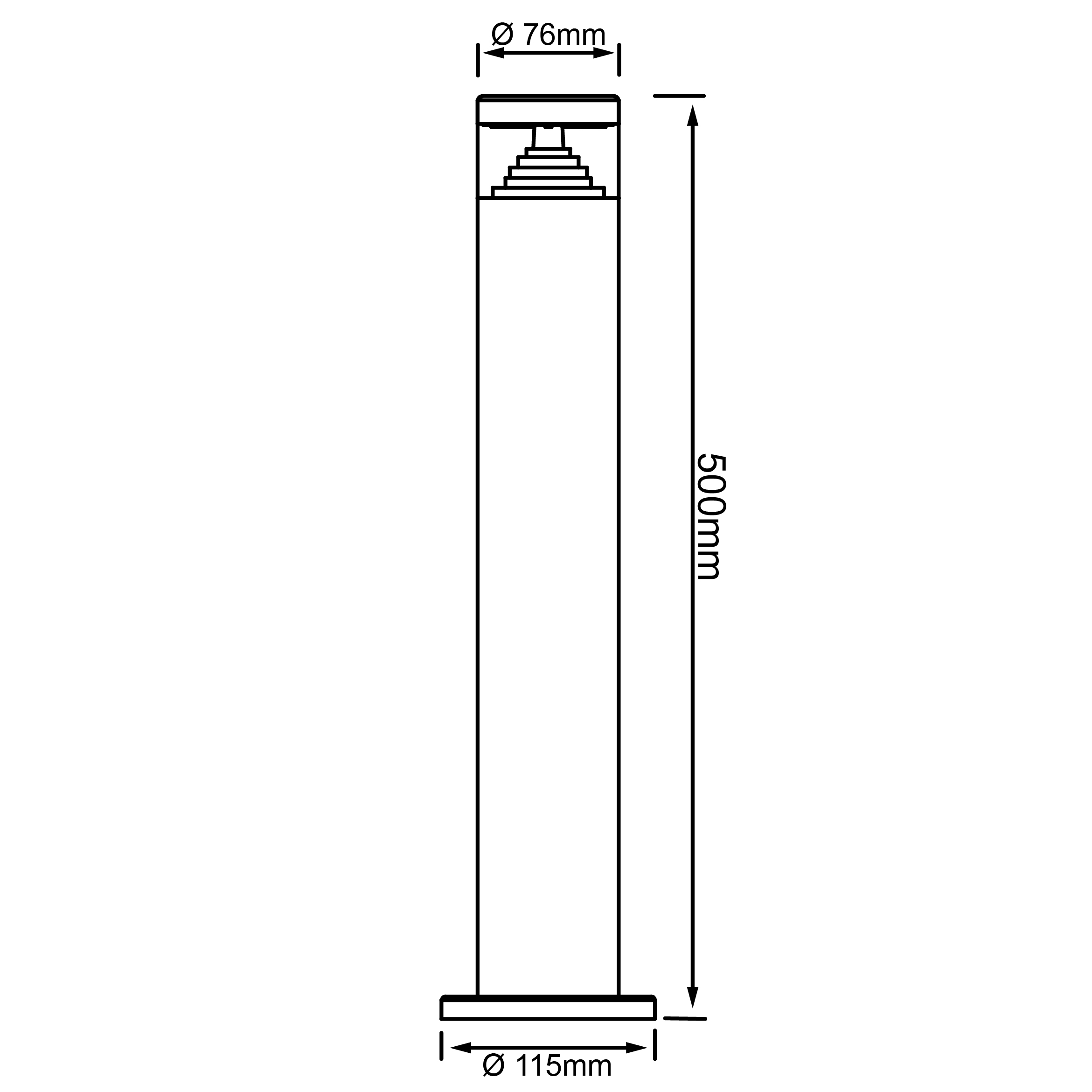 Technische Zeichnung einer 500mm hohen Leuchte mit 76mm Durchmesser.