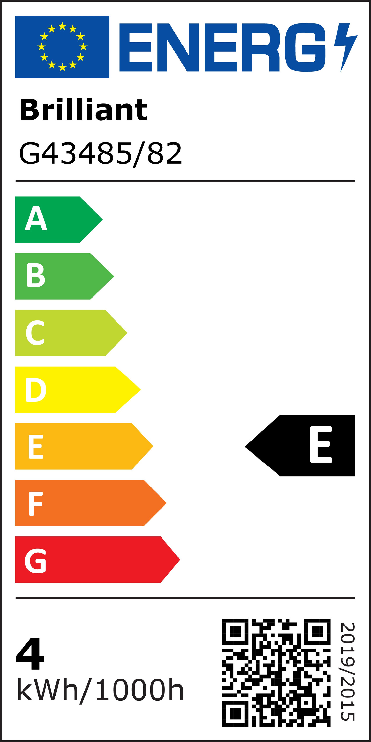 Energielabel mit Brilliant G43485/82, Energieklasse E, 4 kWh/1000h.