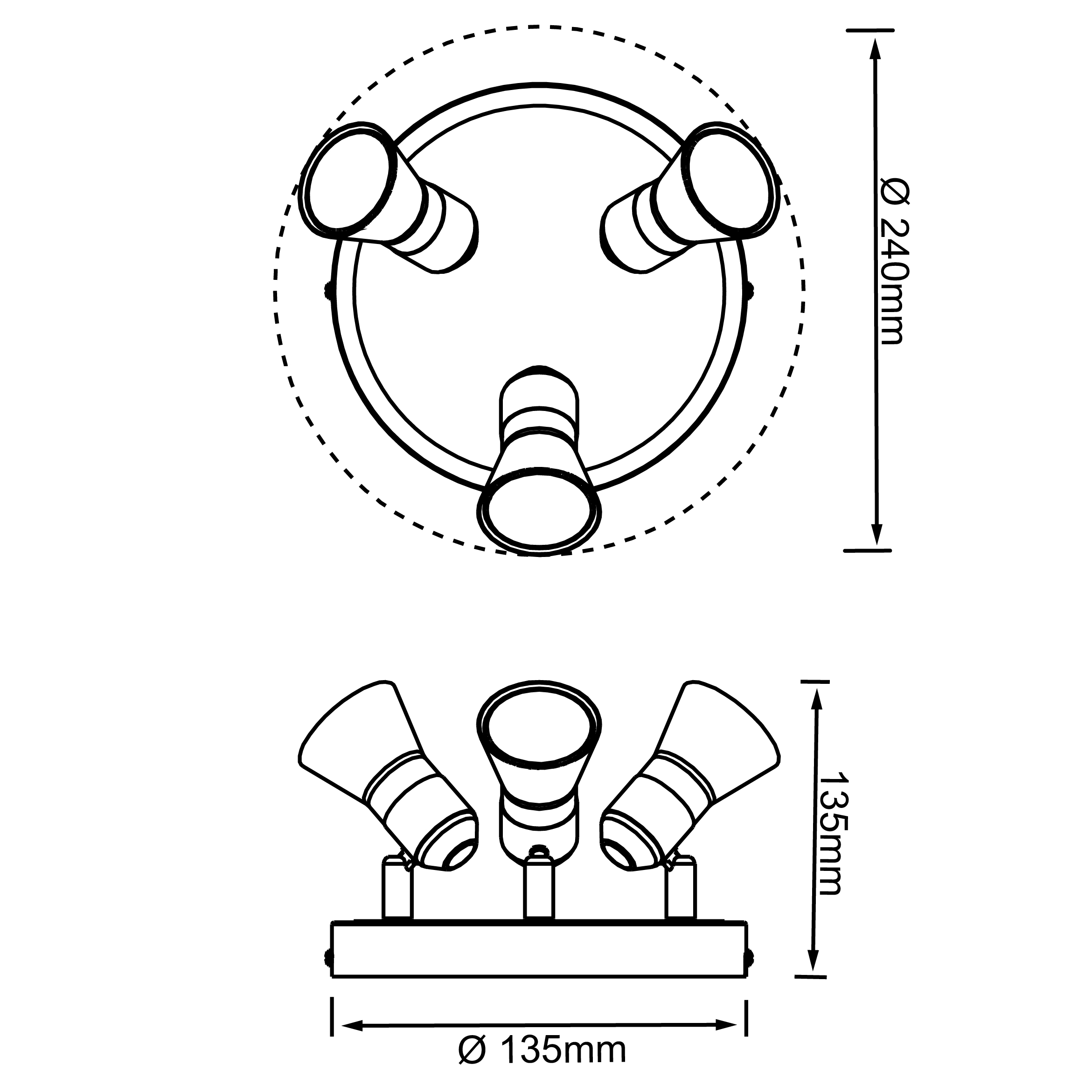 Technische Zeichnung eines dreifachen Deckenstrahlers. Durchmesser 240mm, Höhe 135mm.