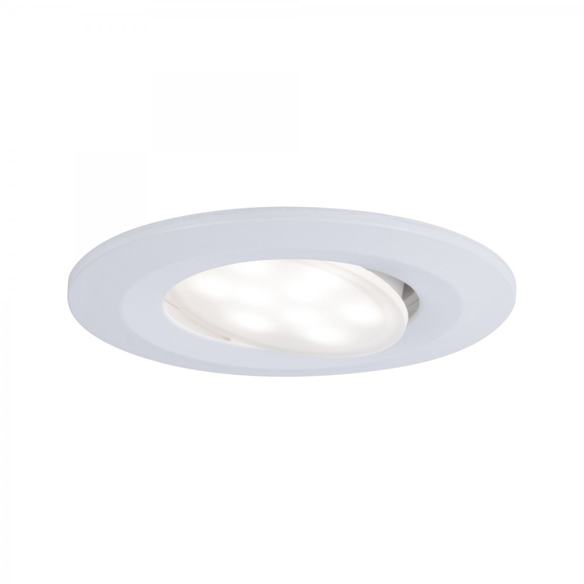 Weiße Einbauleuchte mit kreisförmigem Design und heller Lichtquelle.