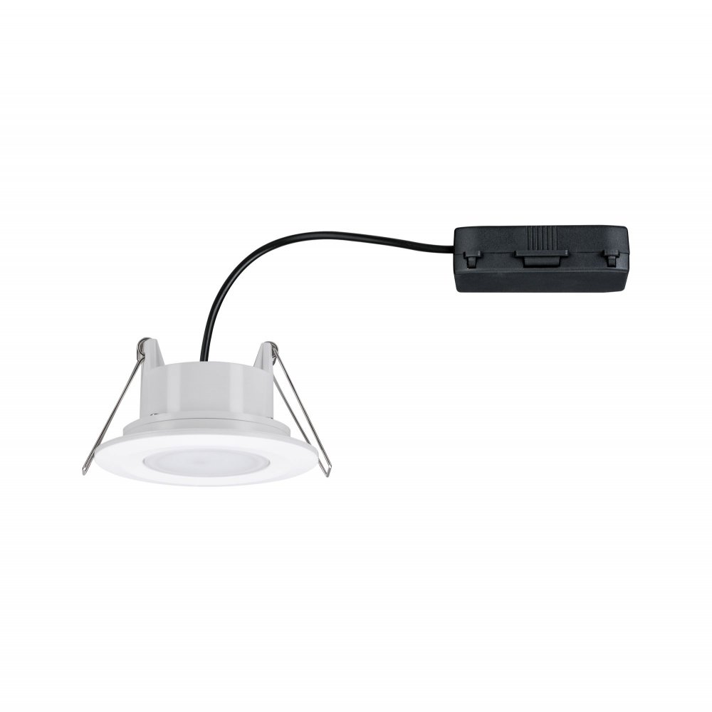 Un apparecchio di illuminazione a incasso bianco con un filo nero e una scatola di connessione nera.