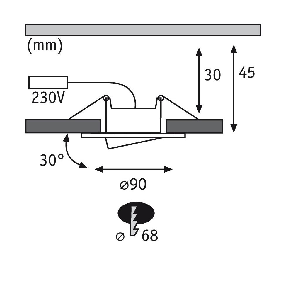 È mostrata una luce da soffitto a incasso, con un bordo circolare bianco e una luce interna scura.