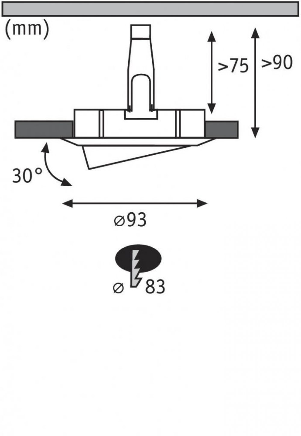 Diagramm einer Deckenleuchte mit Abmessungen und Winkeln in Schwarz dargestellt.