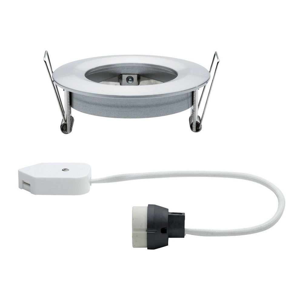 Einbauleuchte und Anschluss-Netzadapter. Weißer Hintergrund.