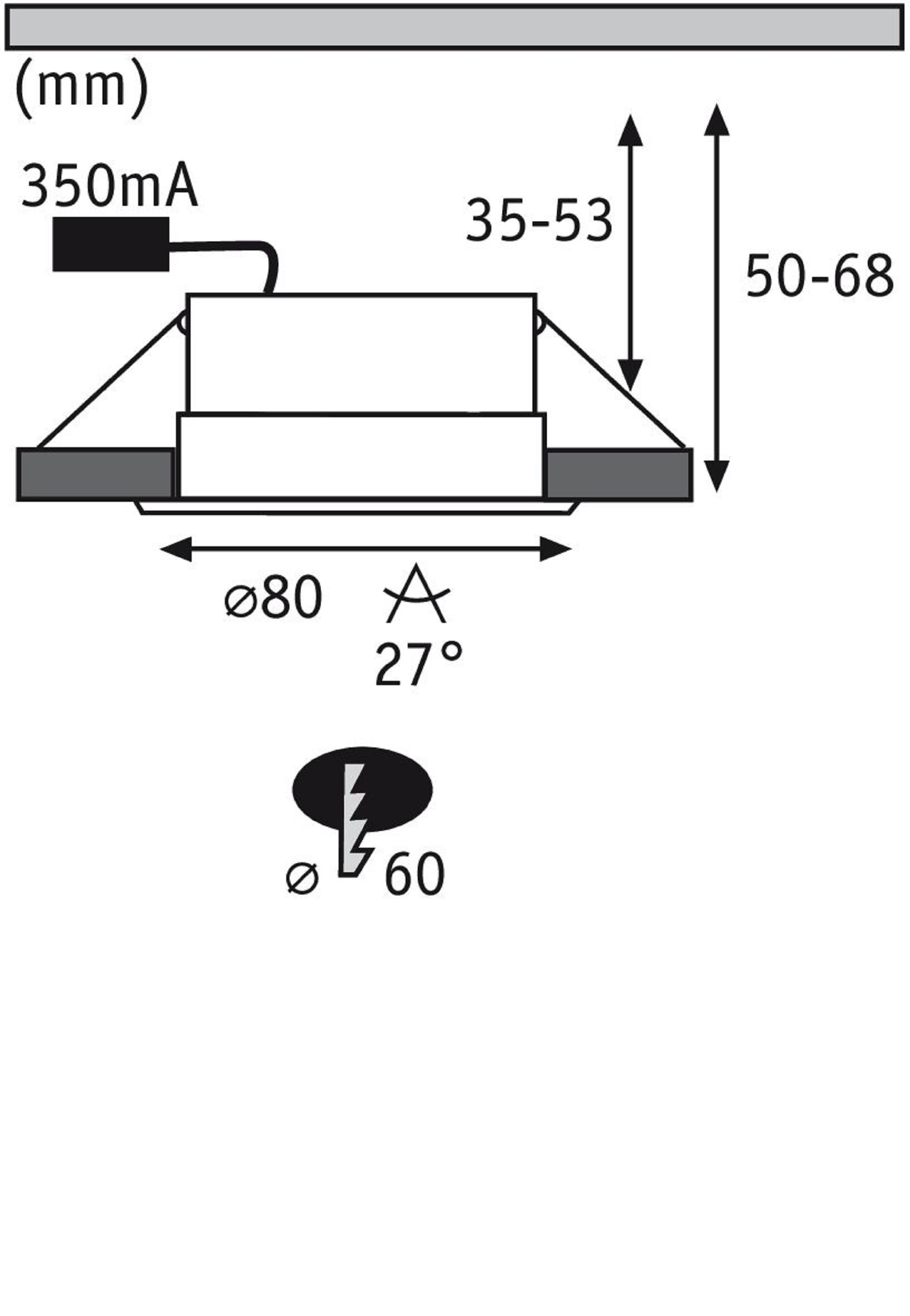 Diagramm mit Abmessungen (mm) einer Leuchte, zeigt 350mA und einen Stern.