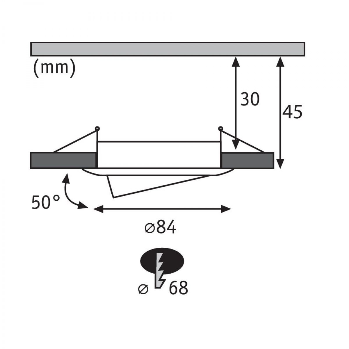 Diagramm zeigt Abmessungen einer Leuchte. Enthält Maße, Winkel und Durchmesserangaben.
