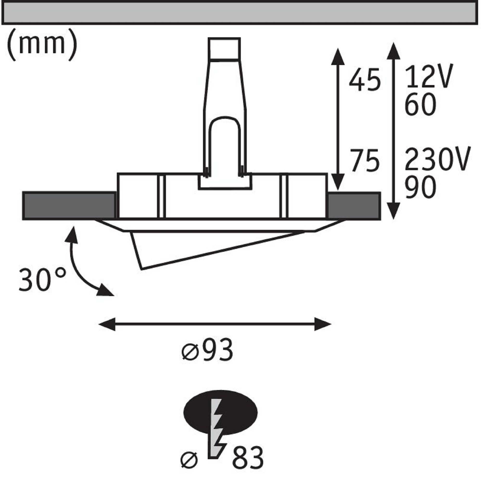 Diagramm mit Maßen. Hat eine Leuchte und Abmessungen in mm und Spannungsinformationen.