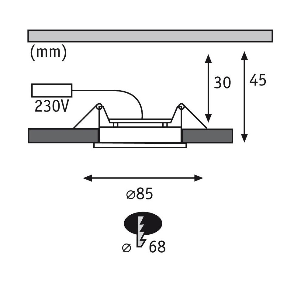 Diagramm eines Einbaustrahlers mit Abmessungen und Spannungsangaben.