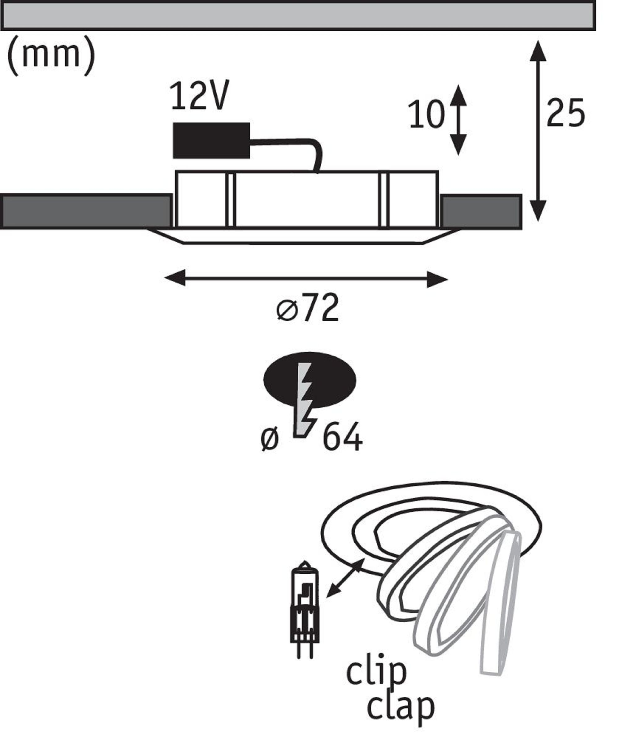 Diagramm einer Leuchte mit Maßen und technischen Details.