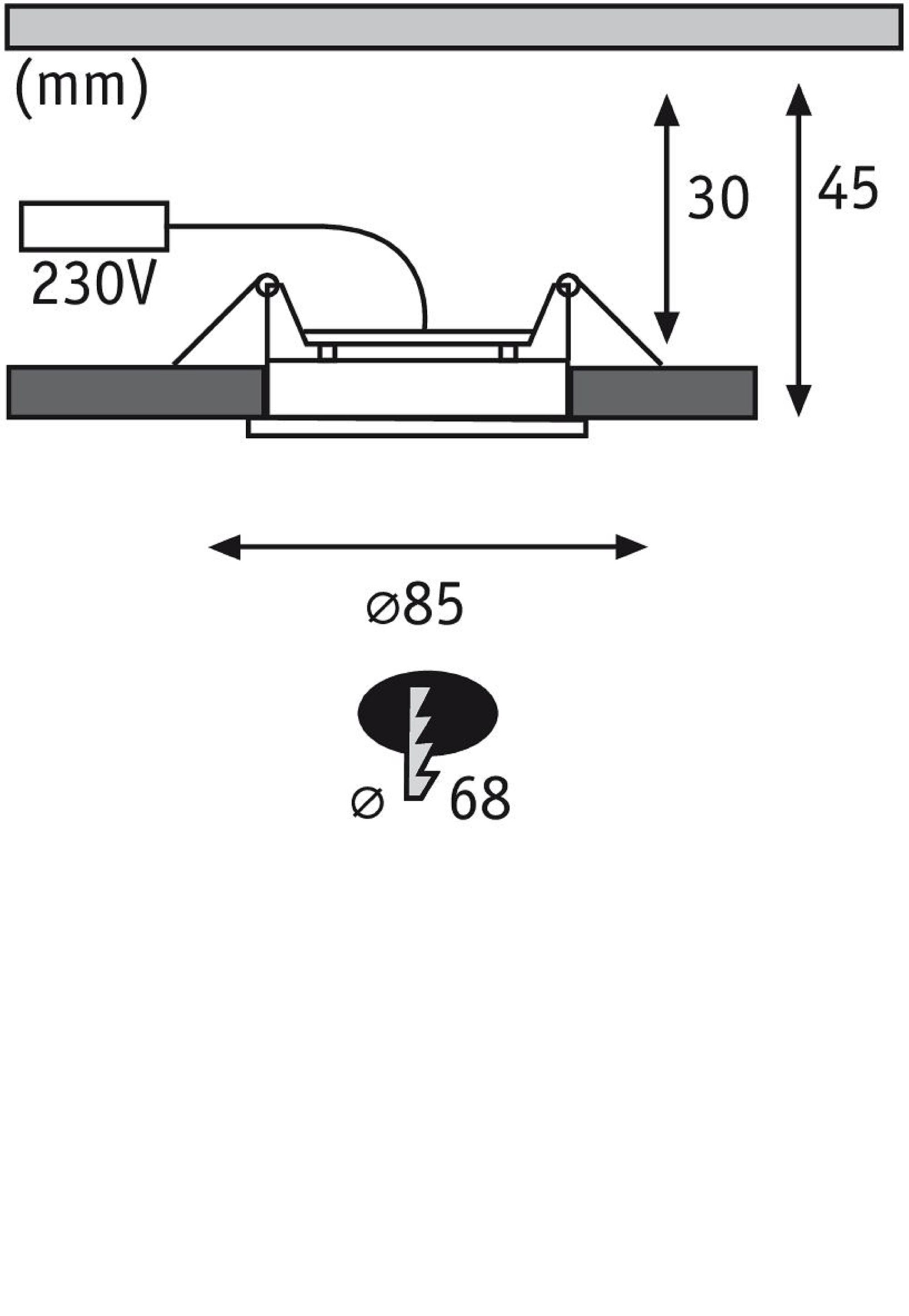 Diagramm einer Deckenleuchte mit Abmessungen und elektrischen Informationen.