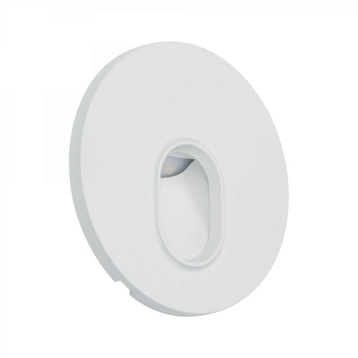 Weißes, rundes Einbauleuchte. Ovale Lichtquelle in der Mitte. Klares, minimalistisches Design.