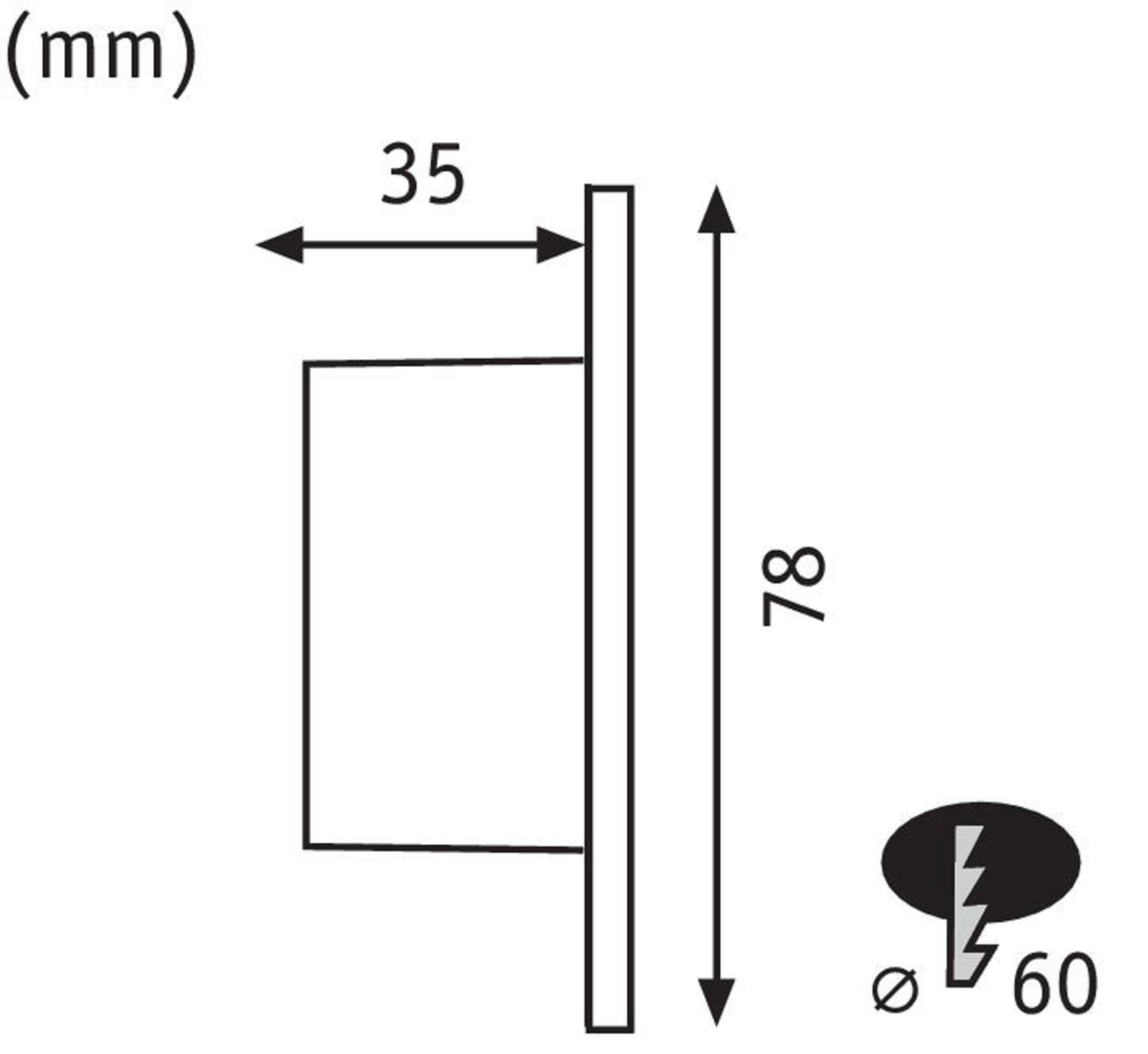 Technische Zeichnung mit Maßen: 35x78mm und Symbol.