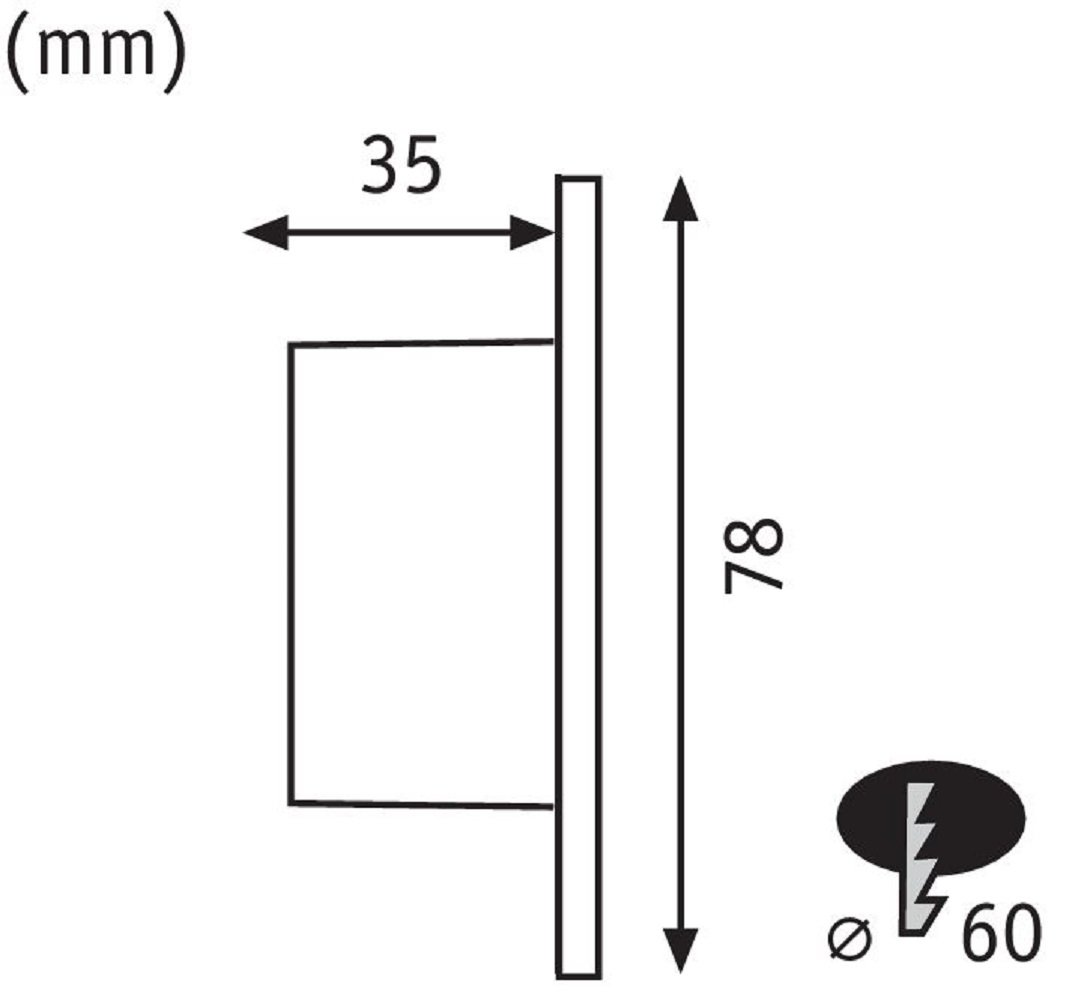 Diagramm zeigt Maße: 35mm Breite und 78mm Höhe. Ein Quadrat und ein Oval mit Blitz sind dargestellt.