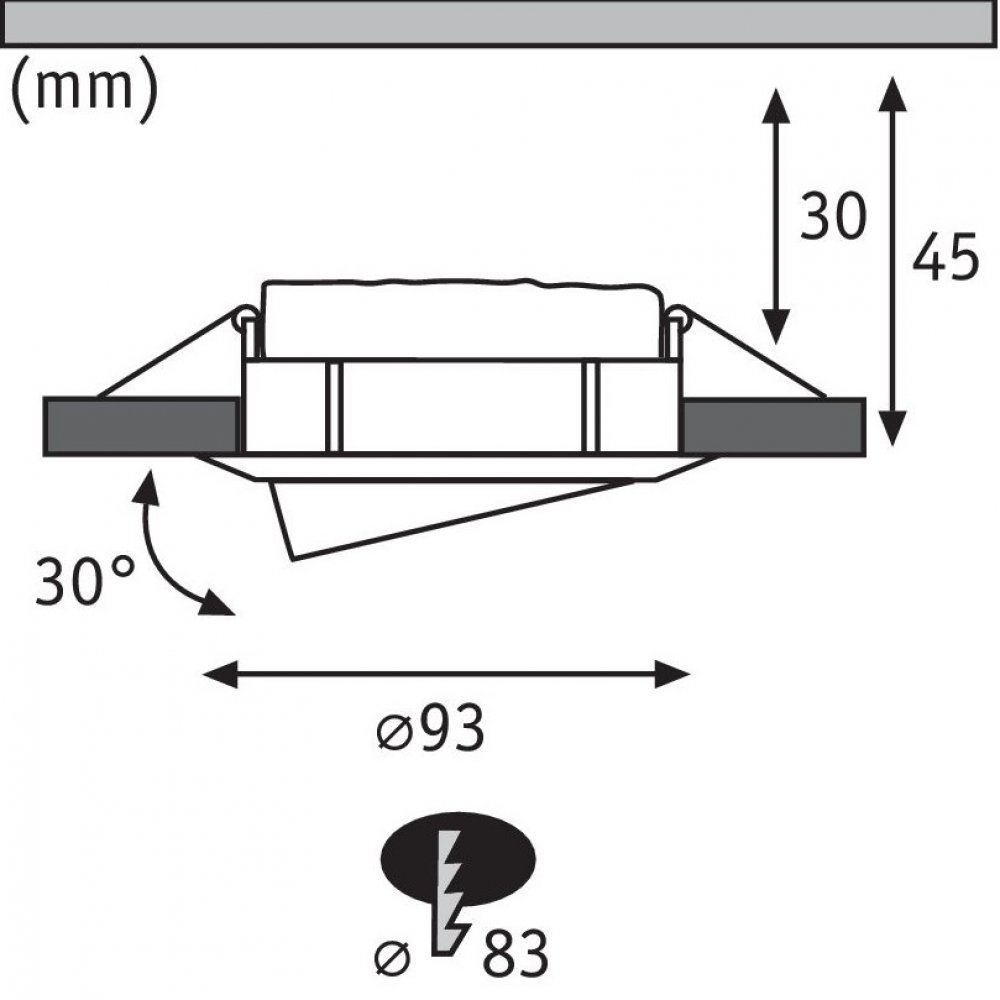 Diagramm einer Einbauleuchte. Die Abmessungen sind in Millimetern angegeben, mit einem Winkel von 30° und einem Durchmesser von 93 mm.