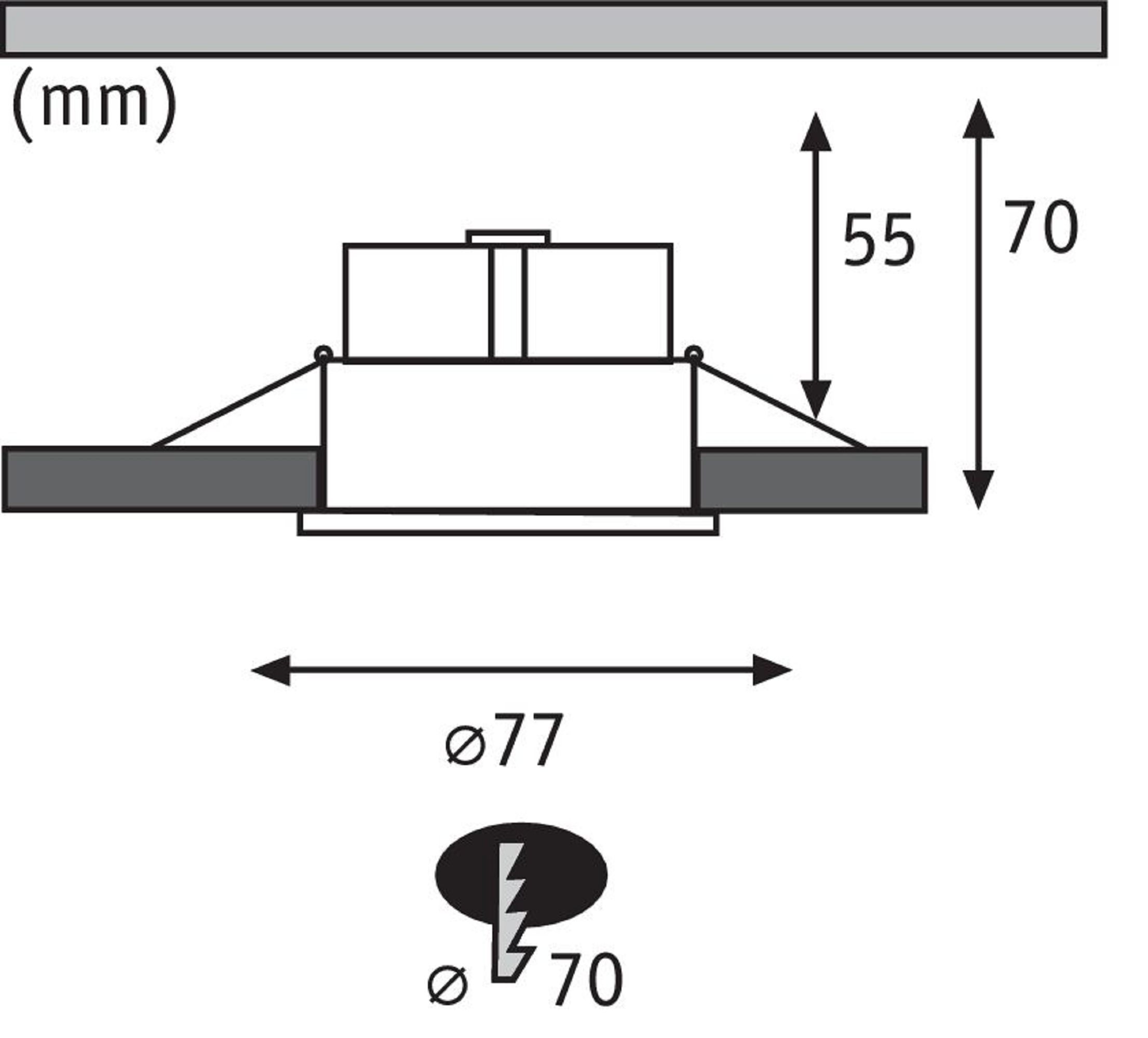 Diagramm einer Einbauleuchte mit Abmessungen und elektrischen Symbolen.