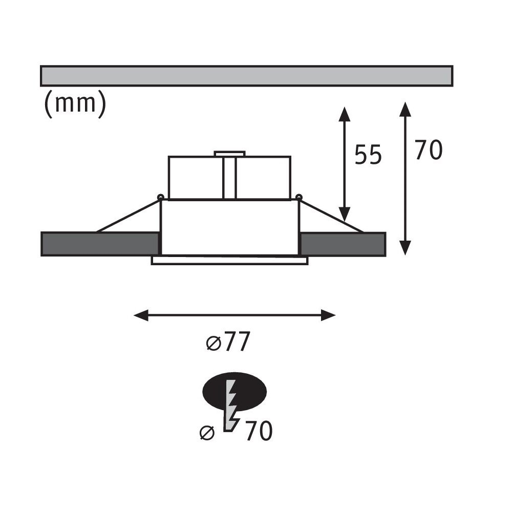 Diagramma di un apparecchio di illuminazione con dimensioni. Sfondo bianco.