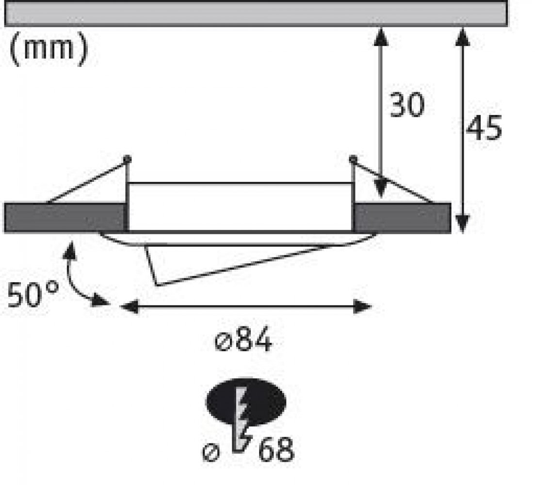 Diagramm einer Einbauleuchte mit Abmessungen und einem Symbol, das elektrische Sicherheit anzeigt.