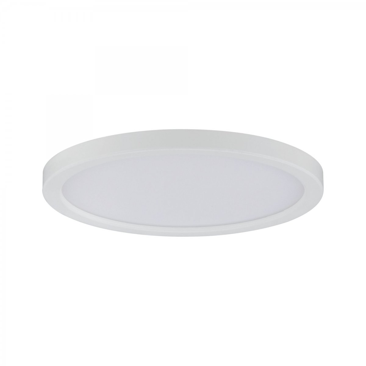 Un apparecchio di illuminazione a soffitto LED rotondo bianco, montato a filo su uno sfondo bianco.