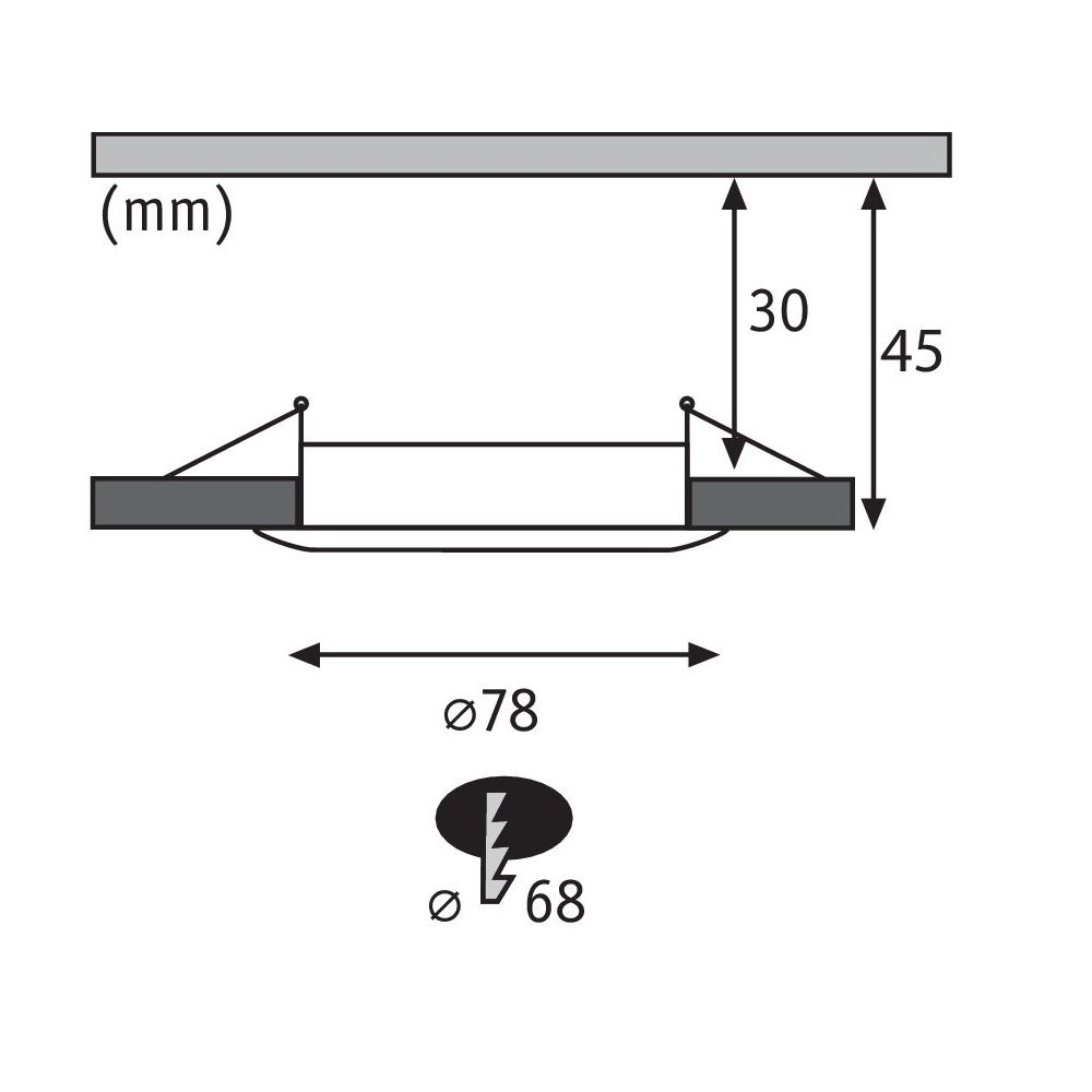 Diagramma di un apparecchio di illuminazione con dimensioni e dettagli tecnici.