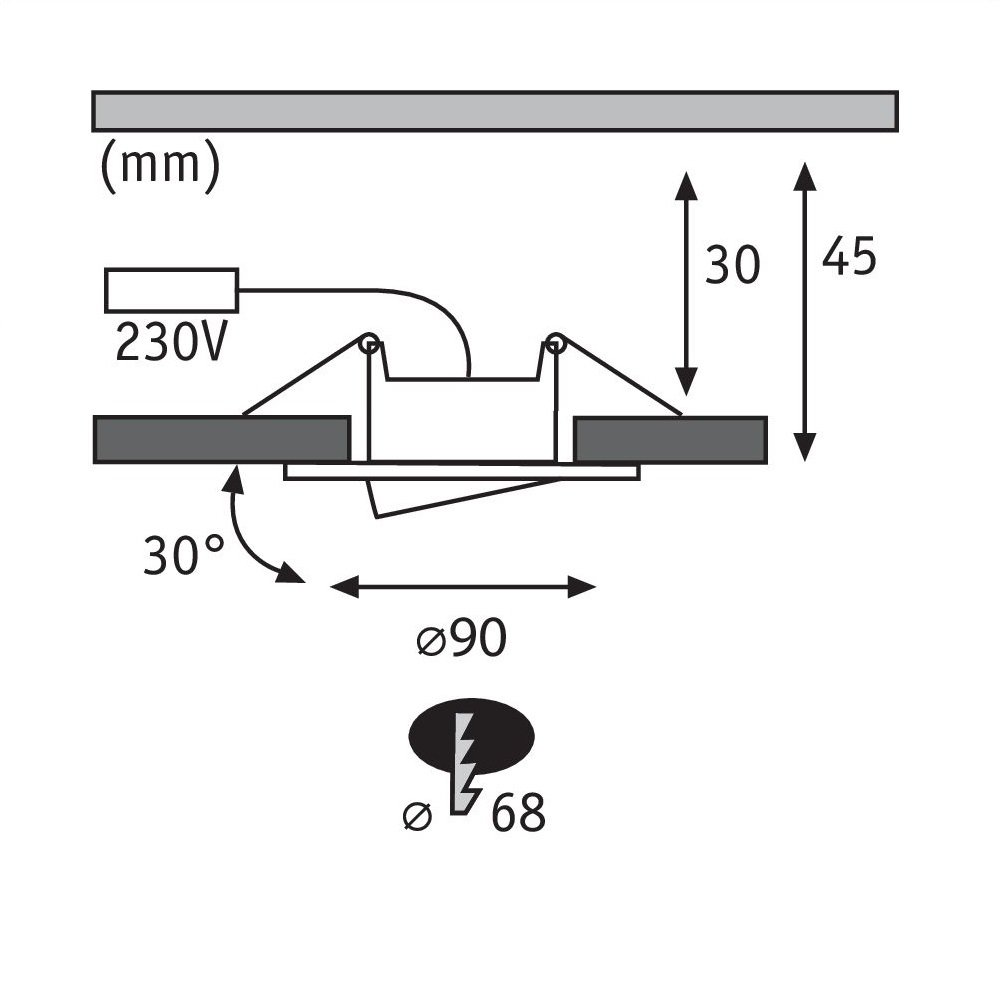 Diagramm eines Einbaustrahlers. Maße in mm. Mit Lampensymbol und elektrischen Details.