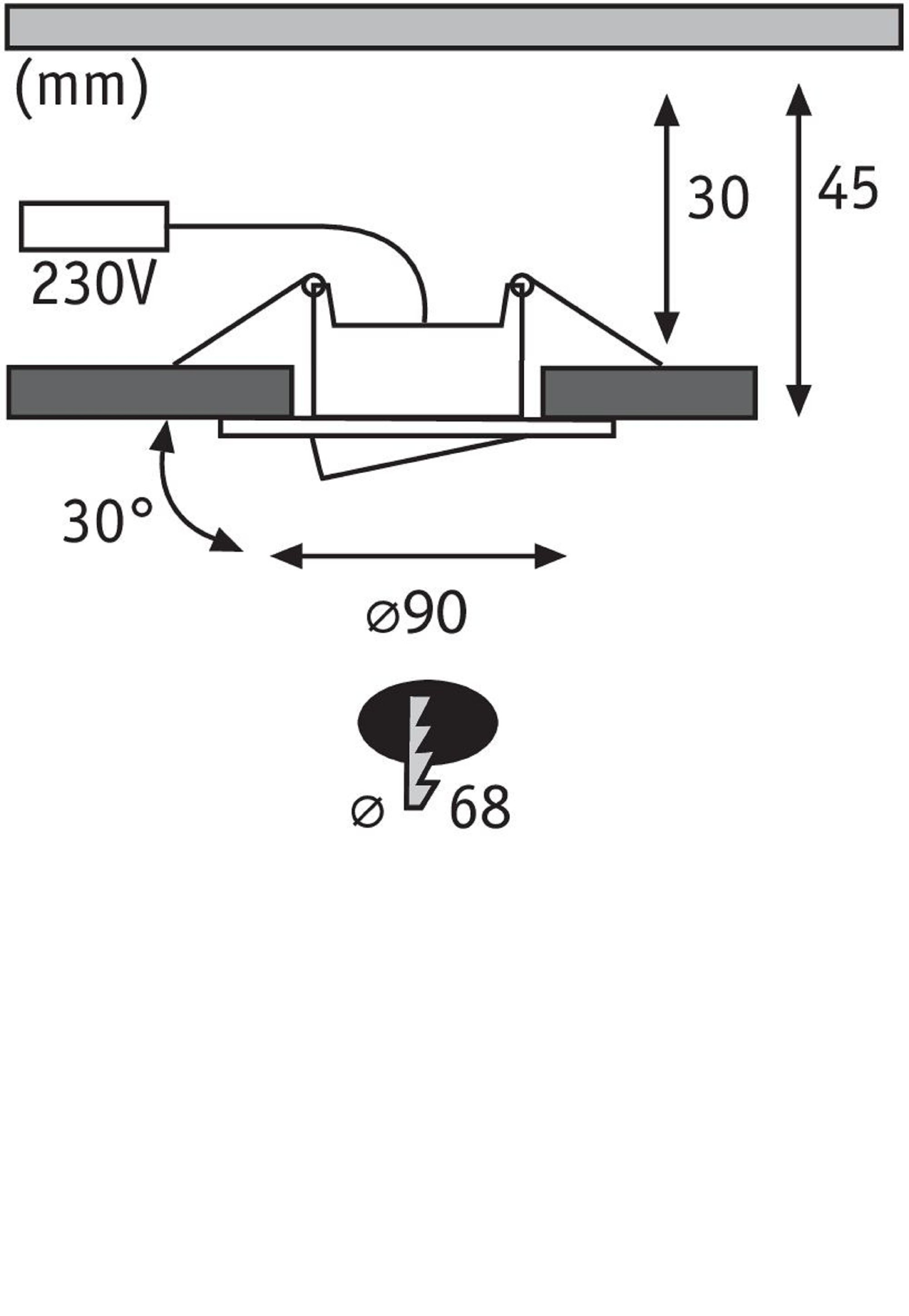 Technische Zeichnung einer Einbauleuchte mit Abmessungen und elektrischen Spezifikationen.