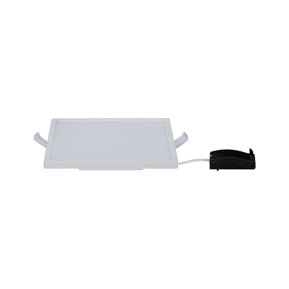 Een witte, vierkante LED-paneelverlichting met een zwarte stroomconnector.