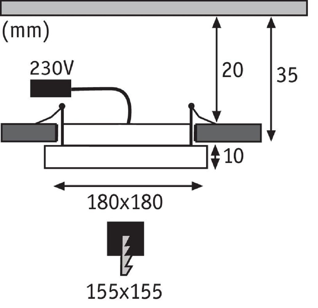 Diagram met afmetingen van een armatuur en een 230V-stroomkabel.