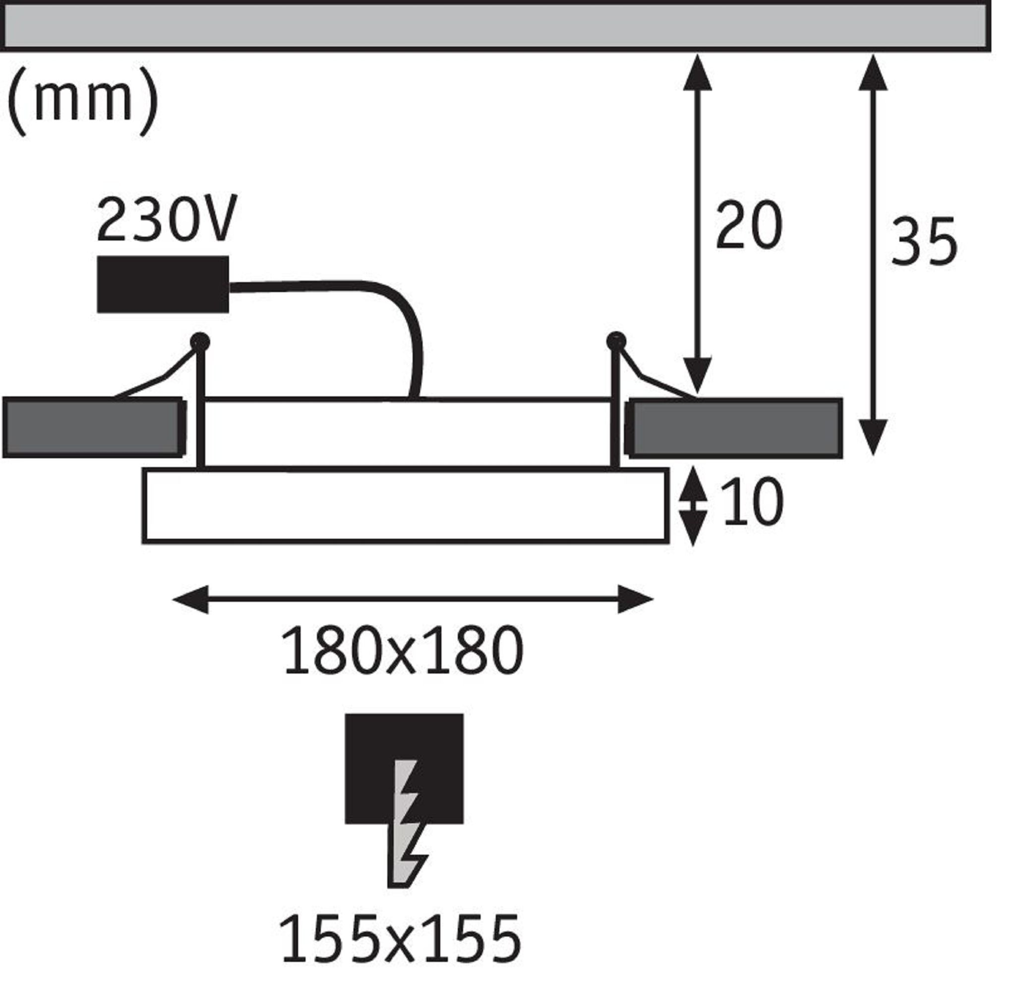 Diagramm einer Leuchte. Zeigt Abmessungen und elektrische Symbole.