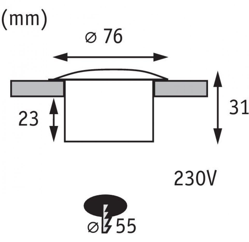 Diagramm mit Abmessungen (mm) einer Leuchte, zeigt 230V und eine runde Form.