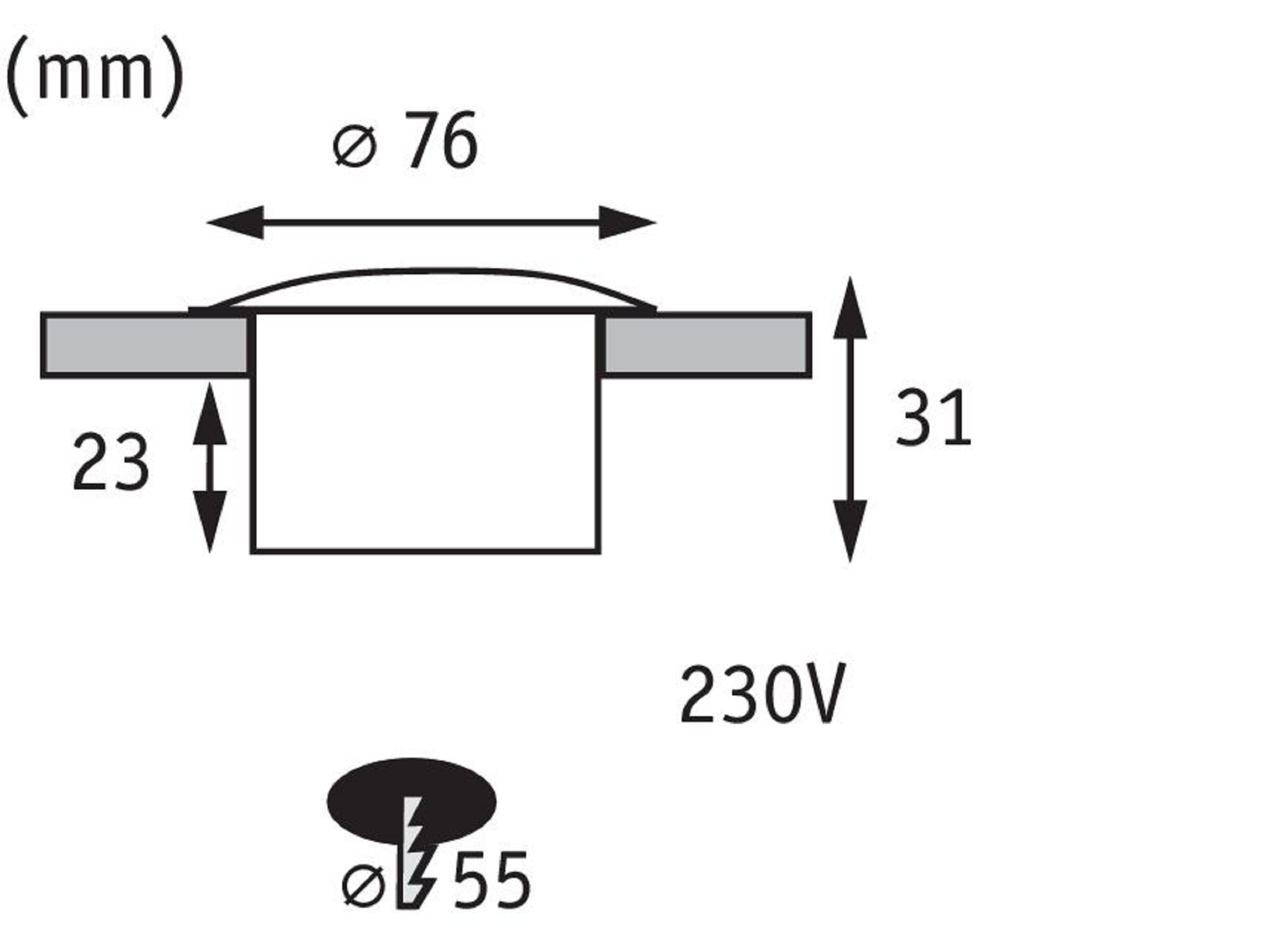 Diagramm einer Einbauleuchte mit Abmessungen und elektrischen Informationen.