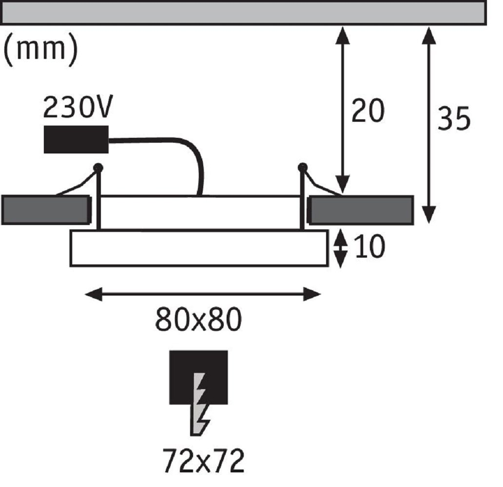 Diagramm einer Deckenleuchte mit Abmessungen und elektrischen Anschlüssen.