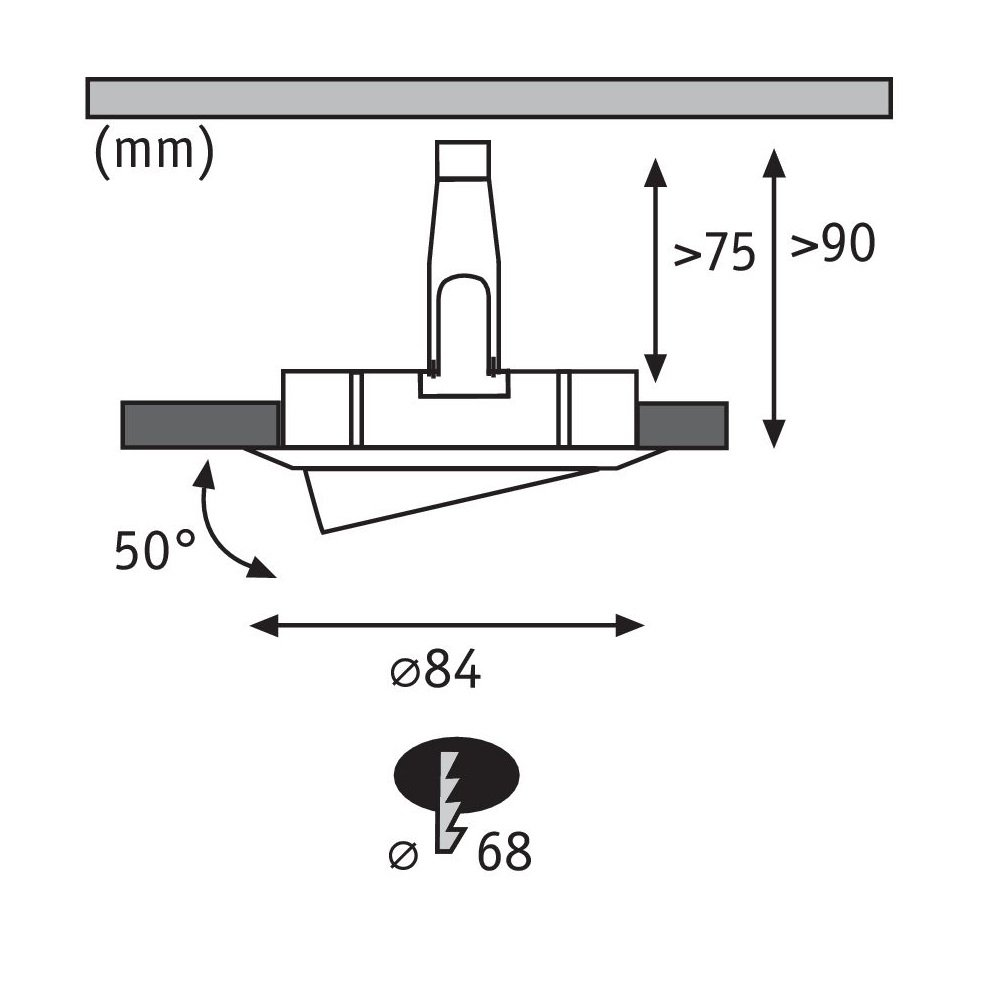 Diagramm einer Einbauleuchte. Zeigt Abmessungen von 75mm, 90mm und einen Durchmesser von 84mm.