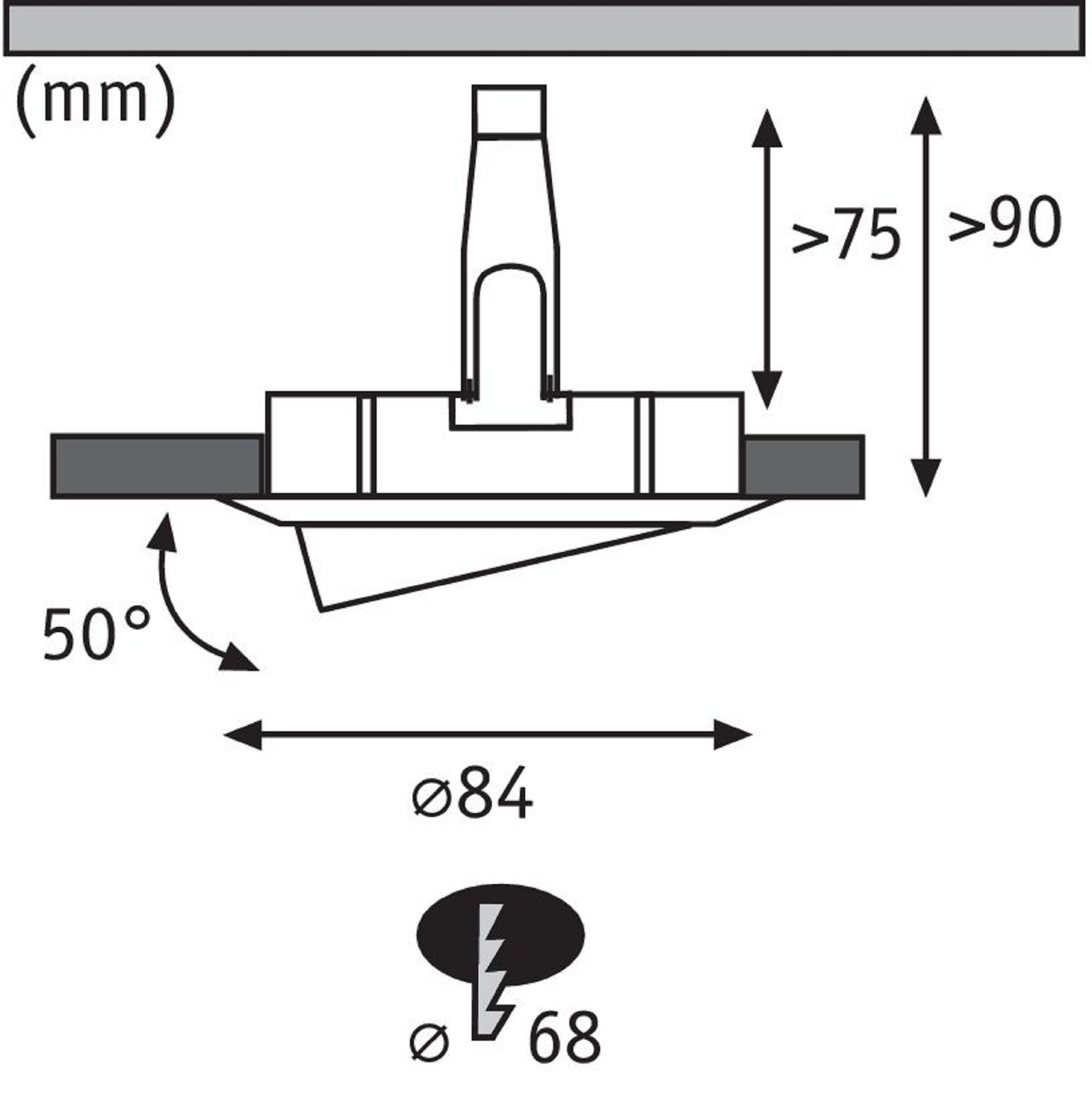 Ein Diagramm einer Deckenleuchte, das Abmessungen und Winkel zeigt.