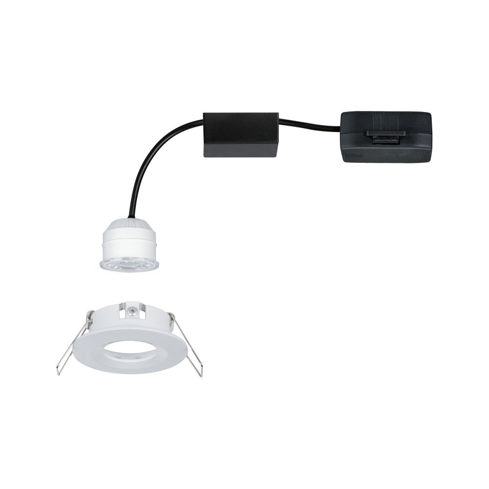 Una vista esplosa di un faretto da incasso, con un apparecchio di illuminazione e cablaggio.