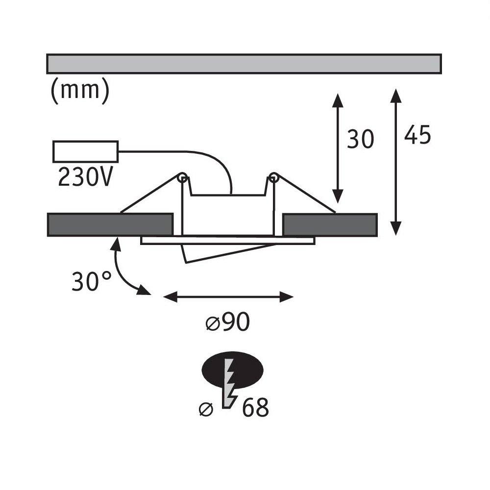 Diagramm einer Einbauleuchte. Zeigt Abmessungen und elektrische Anschlüsse.