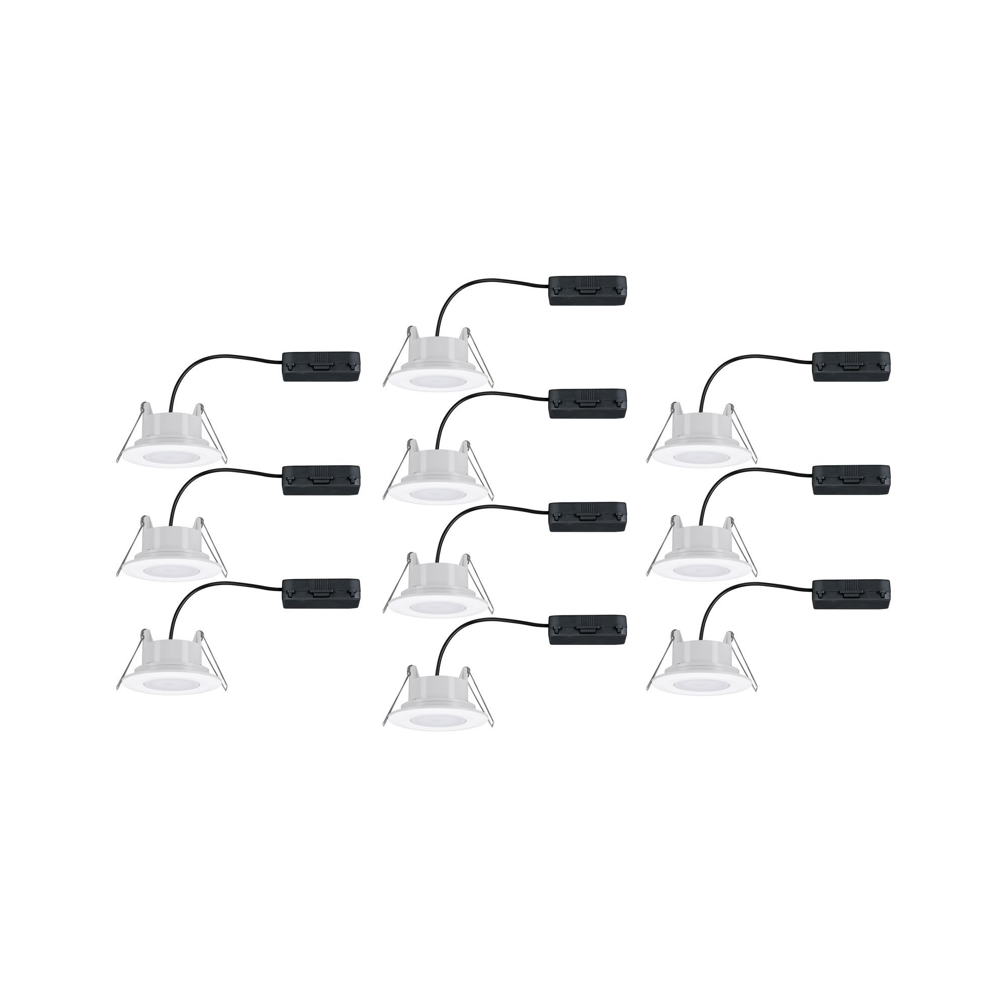 Eine Gruppe von Einbaustrahlern. Jeder hat eine weiße Basis, ein schwarzes Kabel und eine schwarze Box.